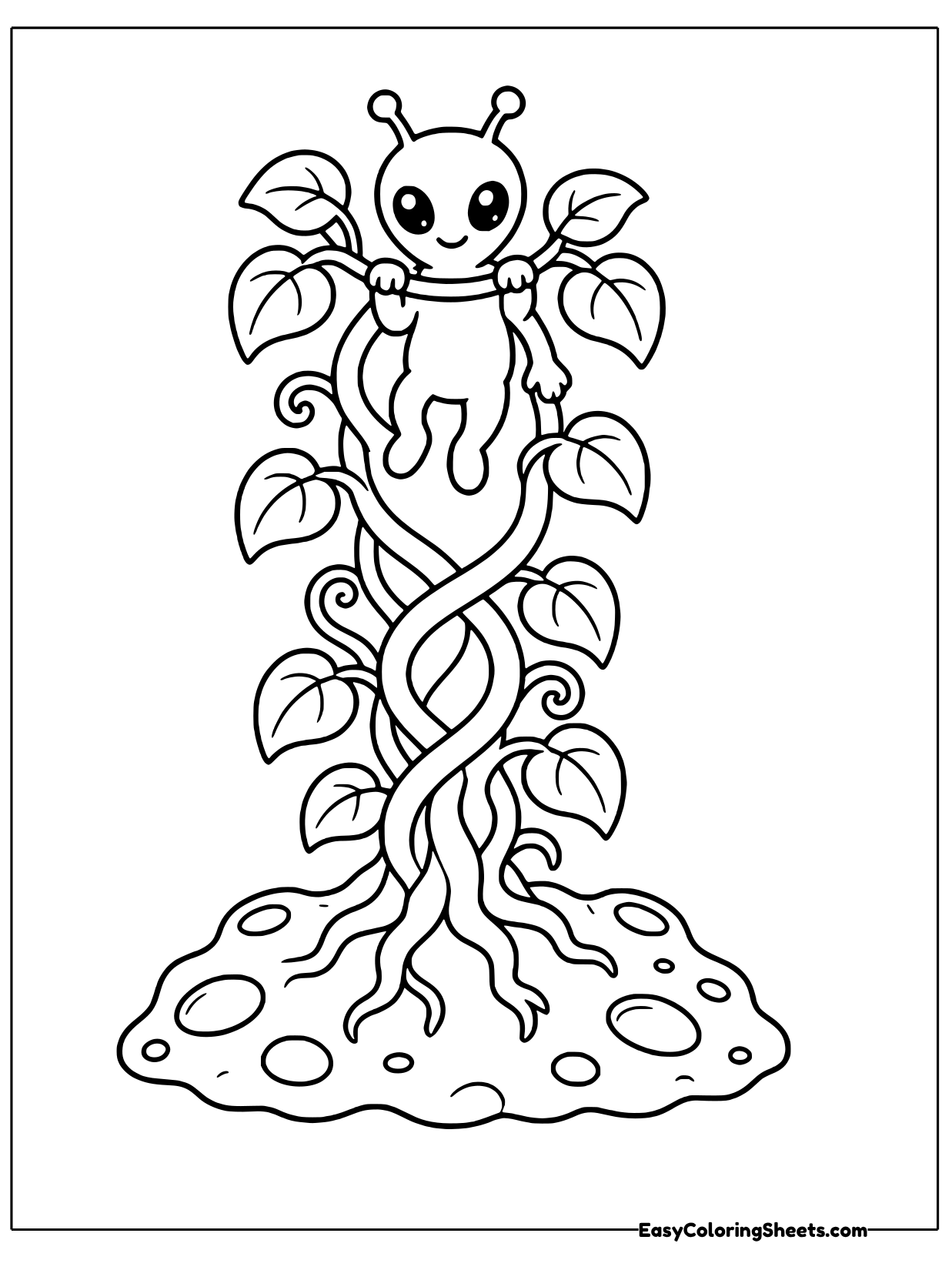 A little alien sits at the very top of a tall, twisting vine with heart-shaped leaves that grows from a rocky crater.