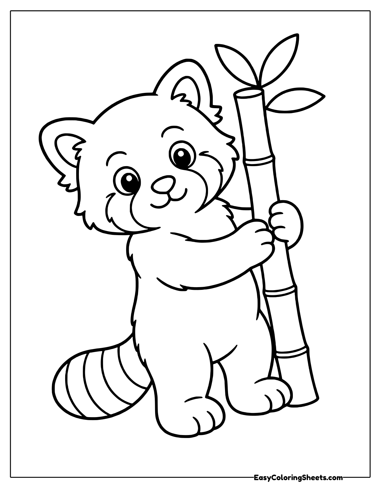 Fluffy red panda standing and hugging a tall bamboo stalk