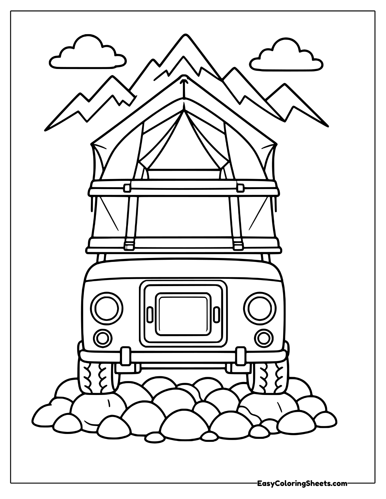 Camper van with a rooftop tent near mountains