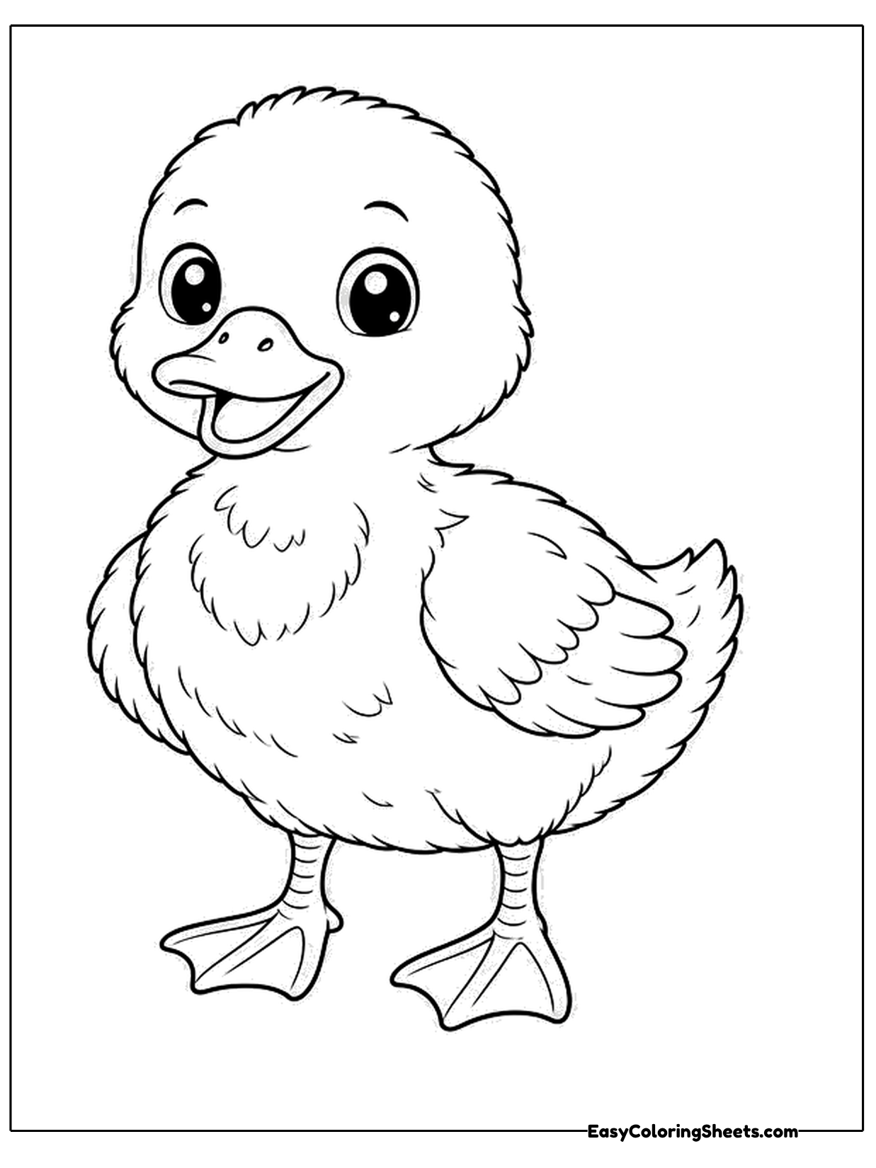 A cute duckling stands tall with a fluffy chest, a wide smile and its webbed feet planted firmly.