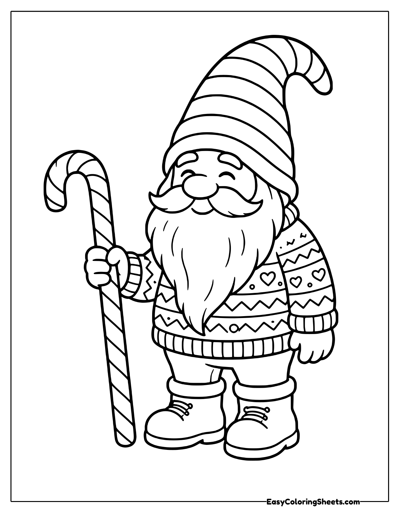 Dressed for the holidays, this gnome wears a cozy patterned sweater and a striped stocking cap while leaning on a giant.