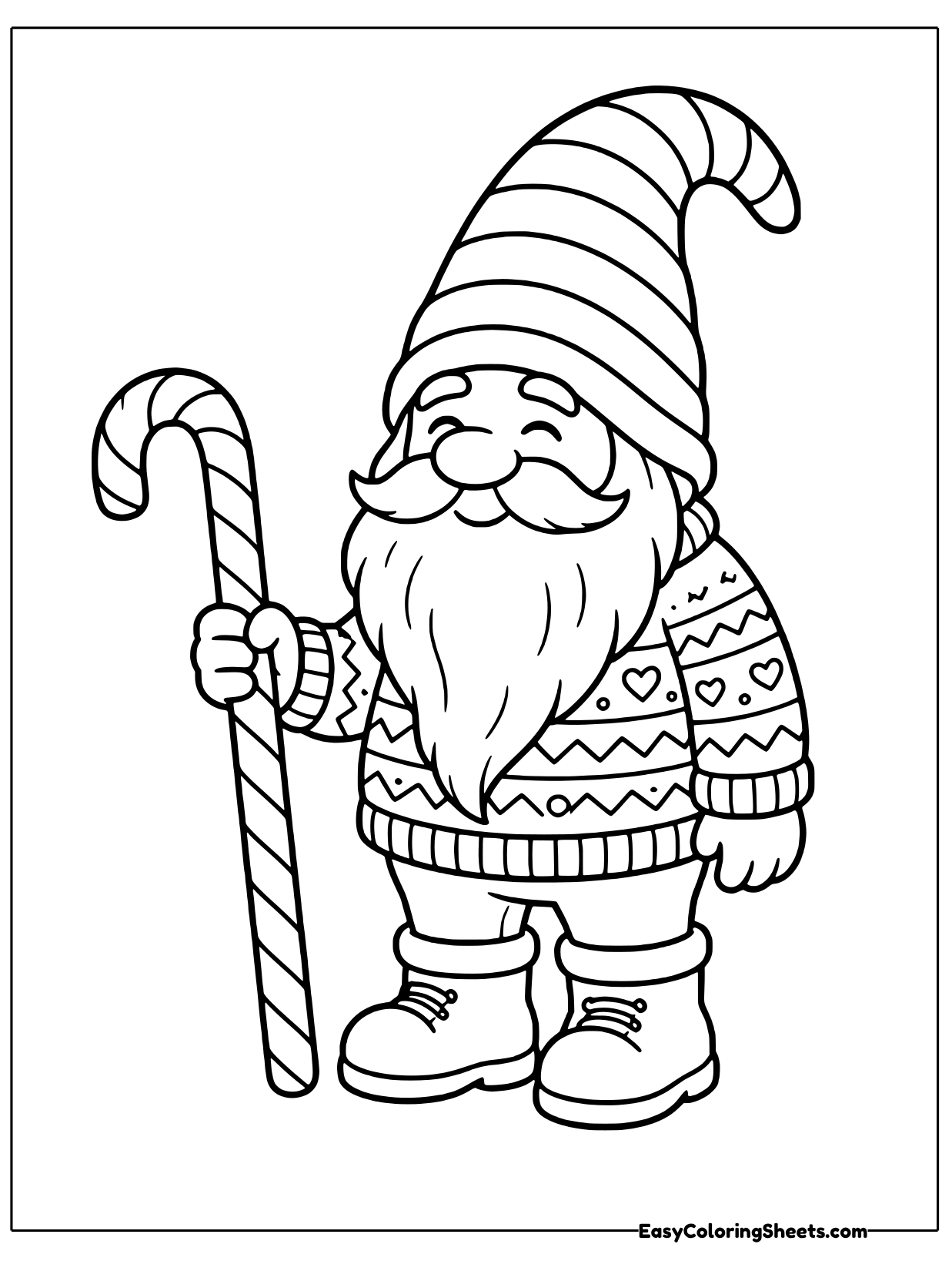 Dressed for the holidays, this gnome wears a cozy patterned sweater and a striped stocking cap while leaning on a giant.
