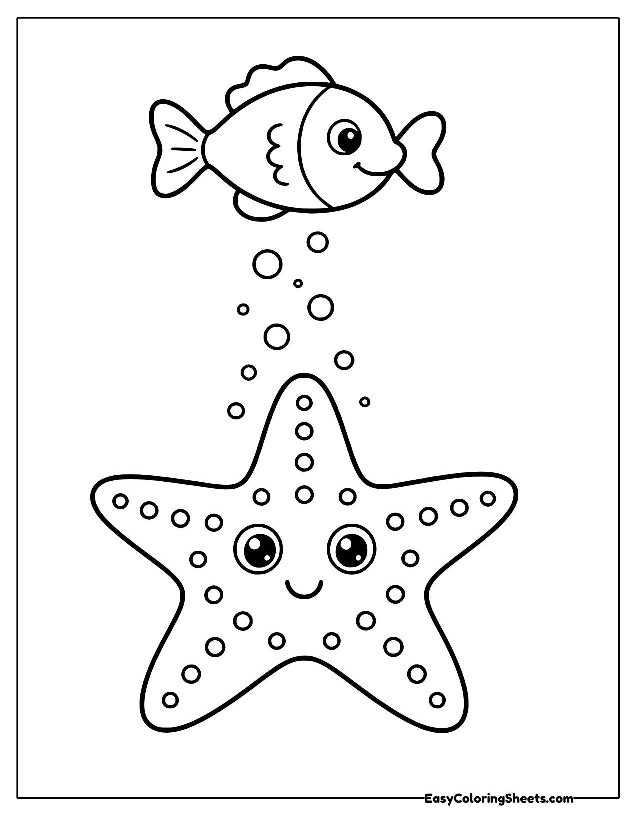 A smiling dotted starfish stands tall on the sea floor while a little round fish swims above.