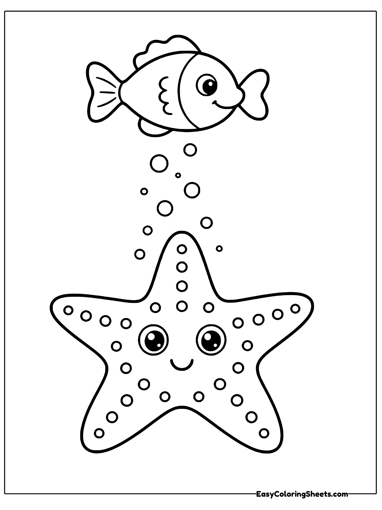 A smiling dotted starfish stands tall on the sea floor while a little round fish swims above.