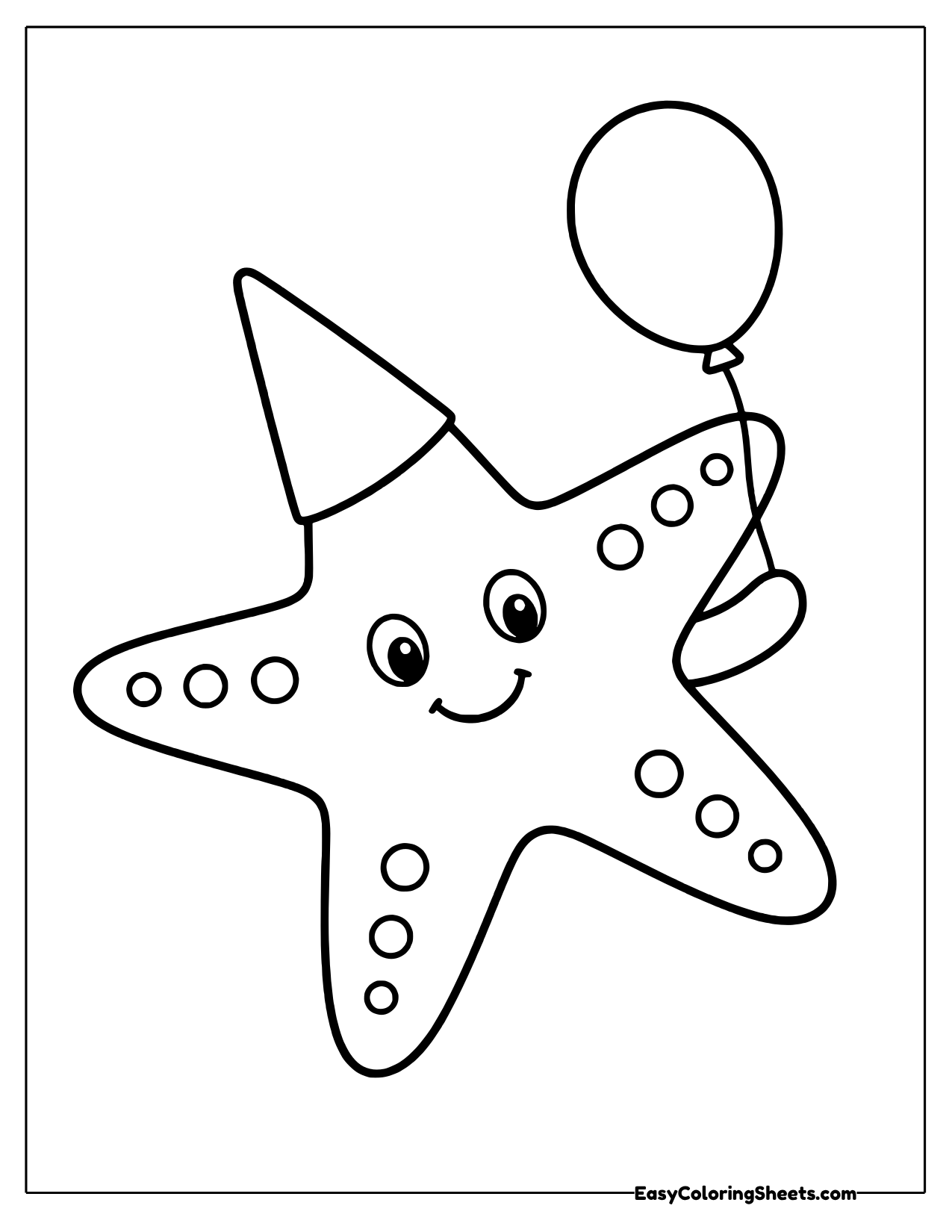 Happy starfish in a party hat holding a round balloon