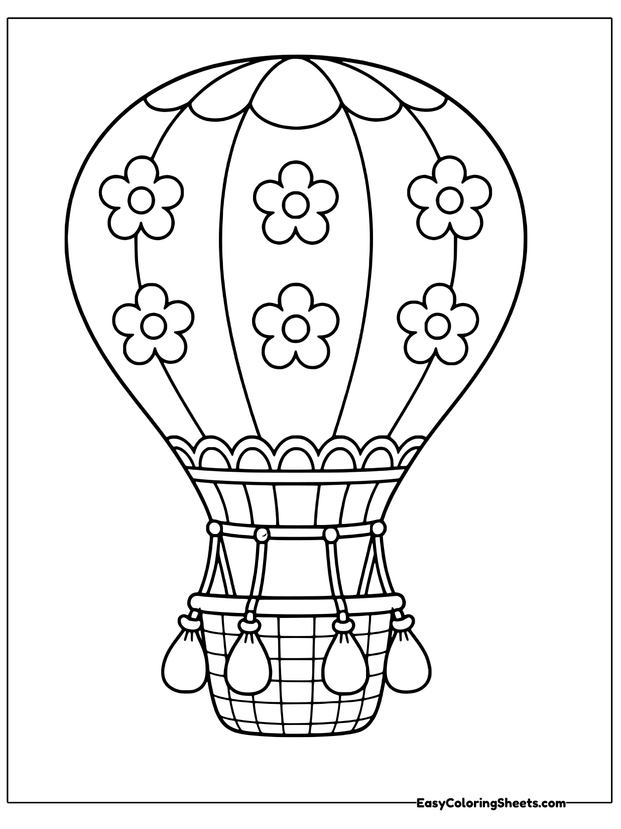 This balloon is decorated with flower shapes on each panel and has little sandbags hanging around the basket.