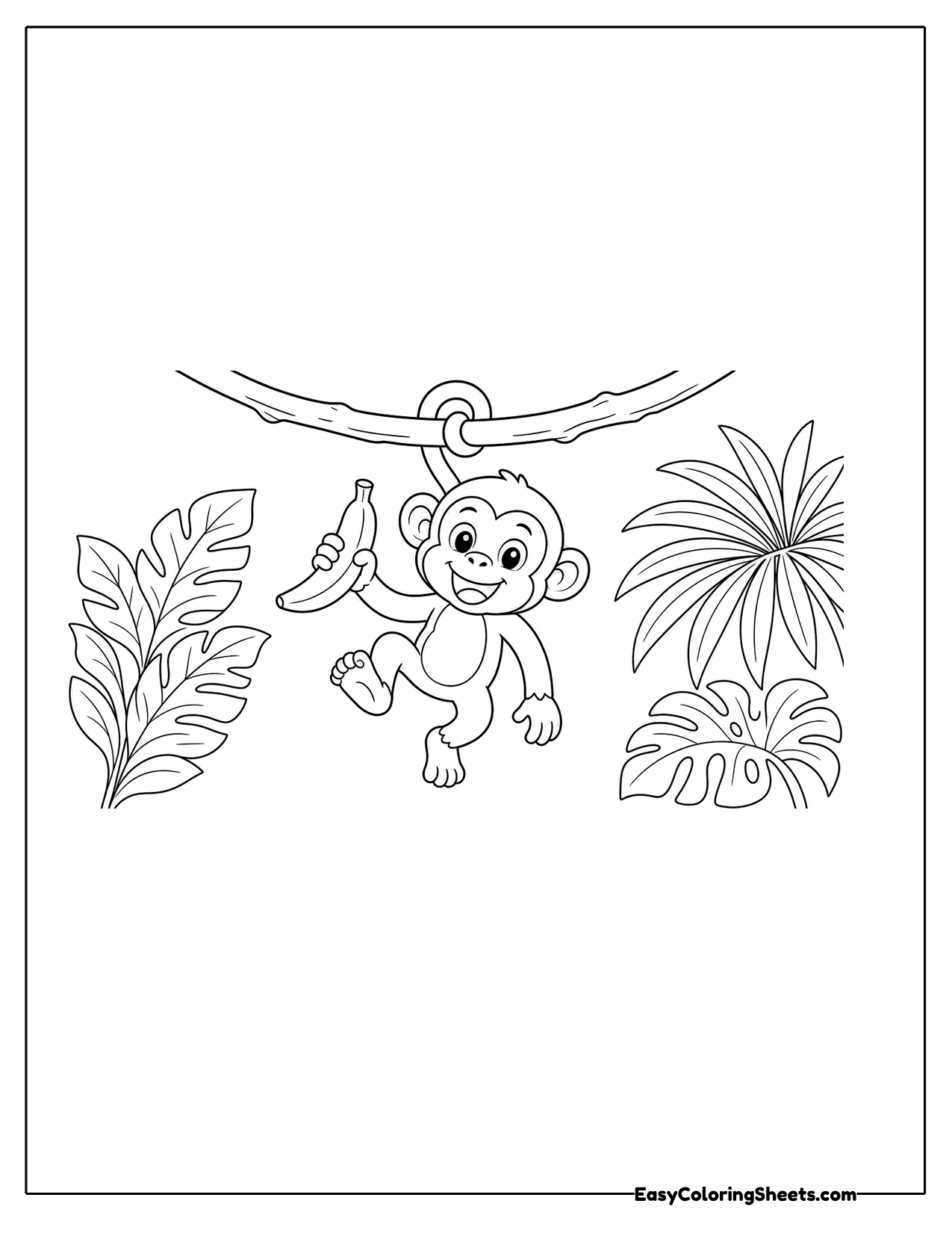 Monkey swinging on a vine with a banana in its hand