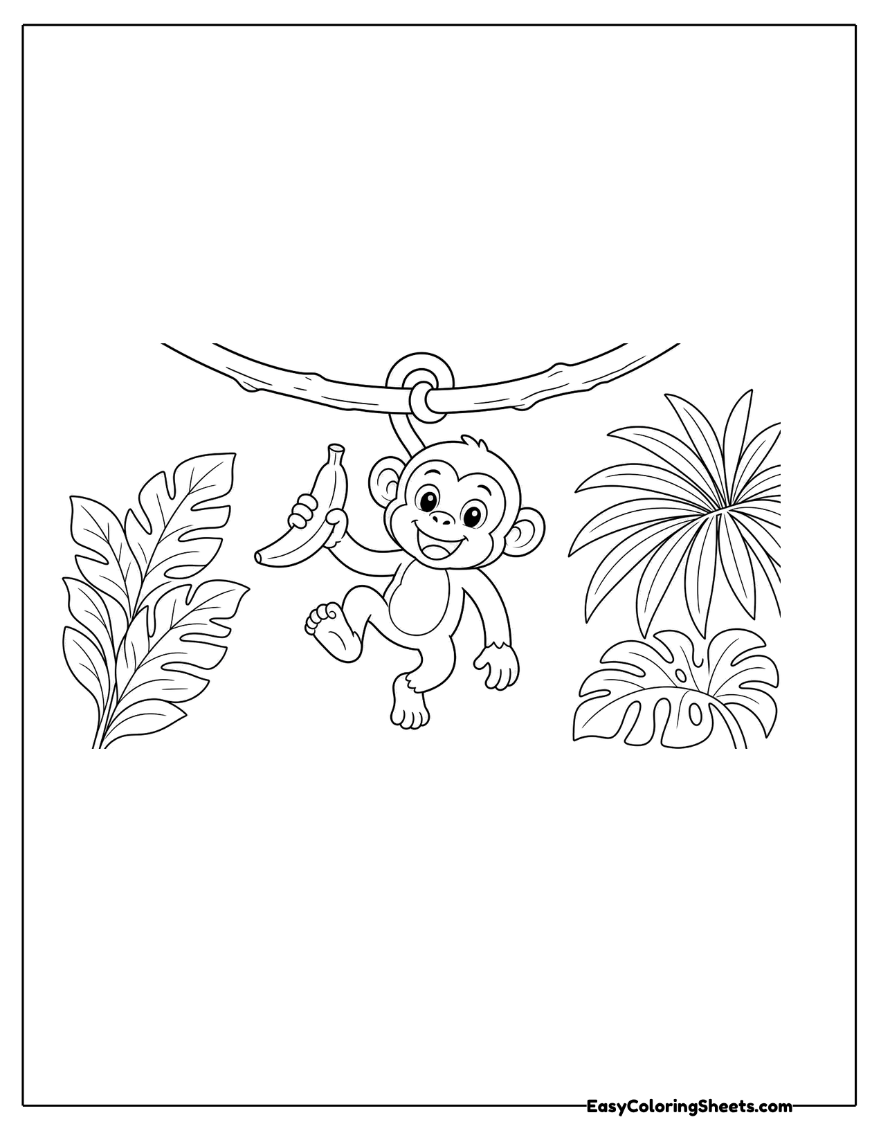Monkey swinging on a vine with a banana in its hand