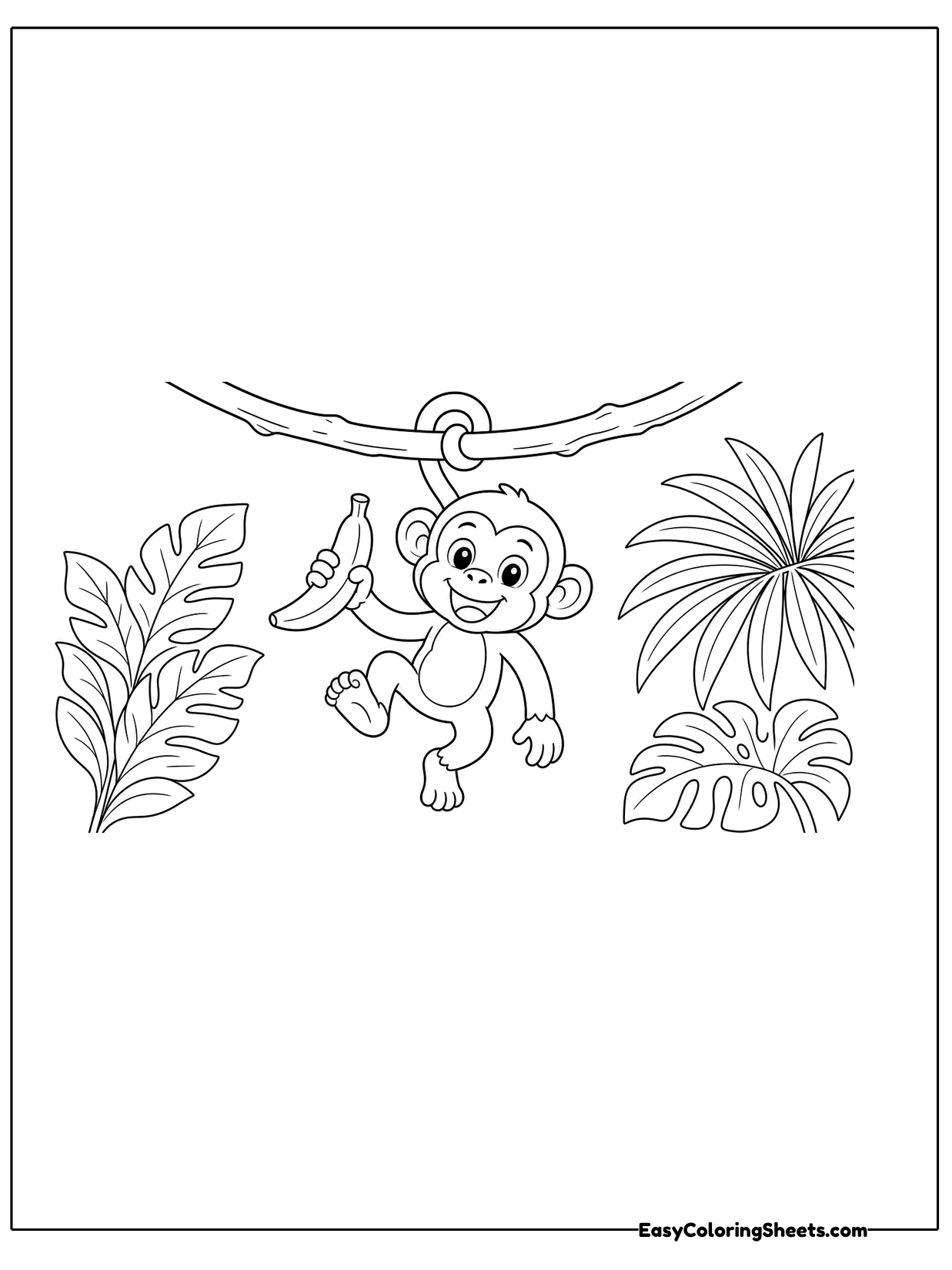 A playful monkey dangles from a vine by one arm while holding a banana in the other, surrounded by tropical leaves.