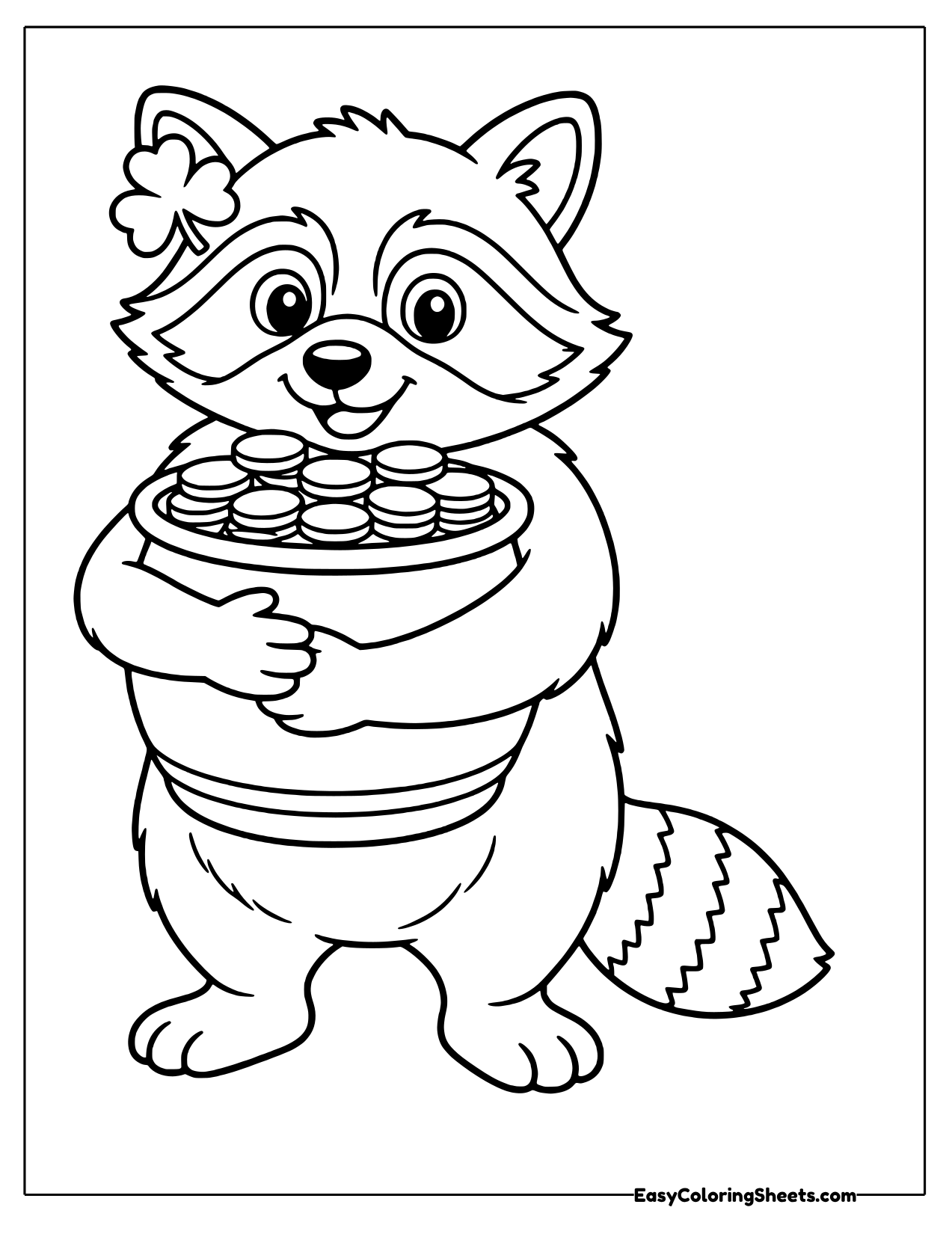 Smiling raccoon with a shamrock by its ear hugging a pot full of gold coins
