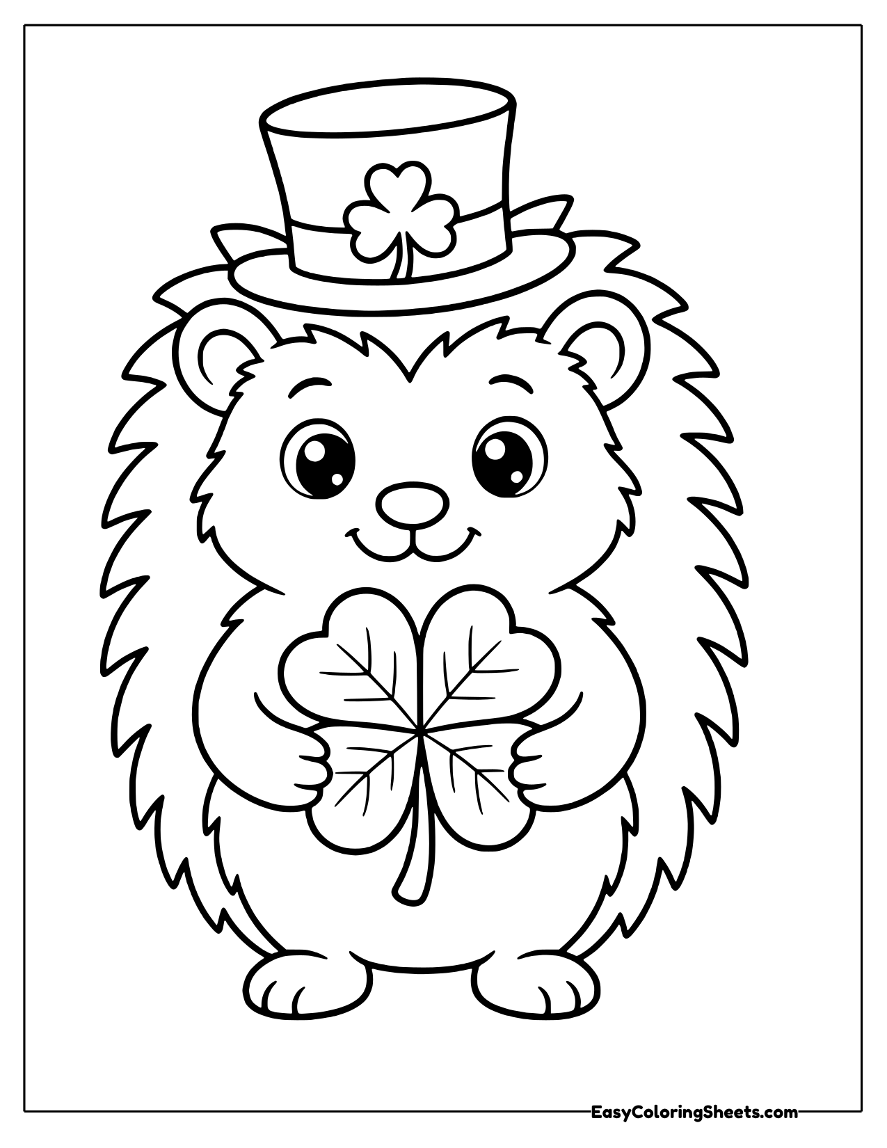 Hedgehog in a small leprechaun hat hugging a four leaf clover
