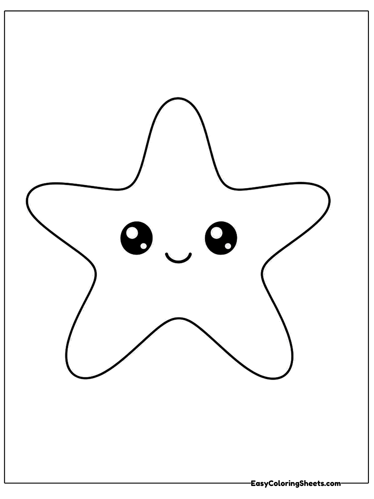 A friendly starfish with five gently curved arms and a tiny smiling face fills this easy page.