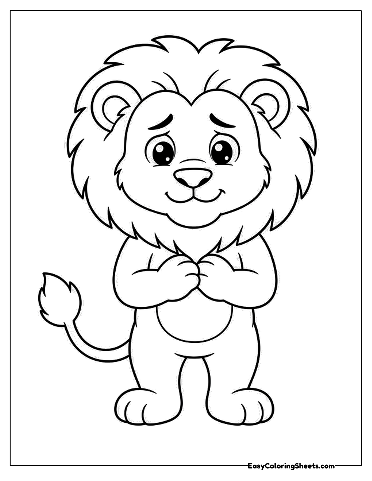 Shy lion holding its paws together
