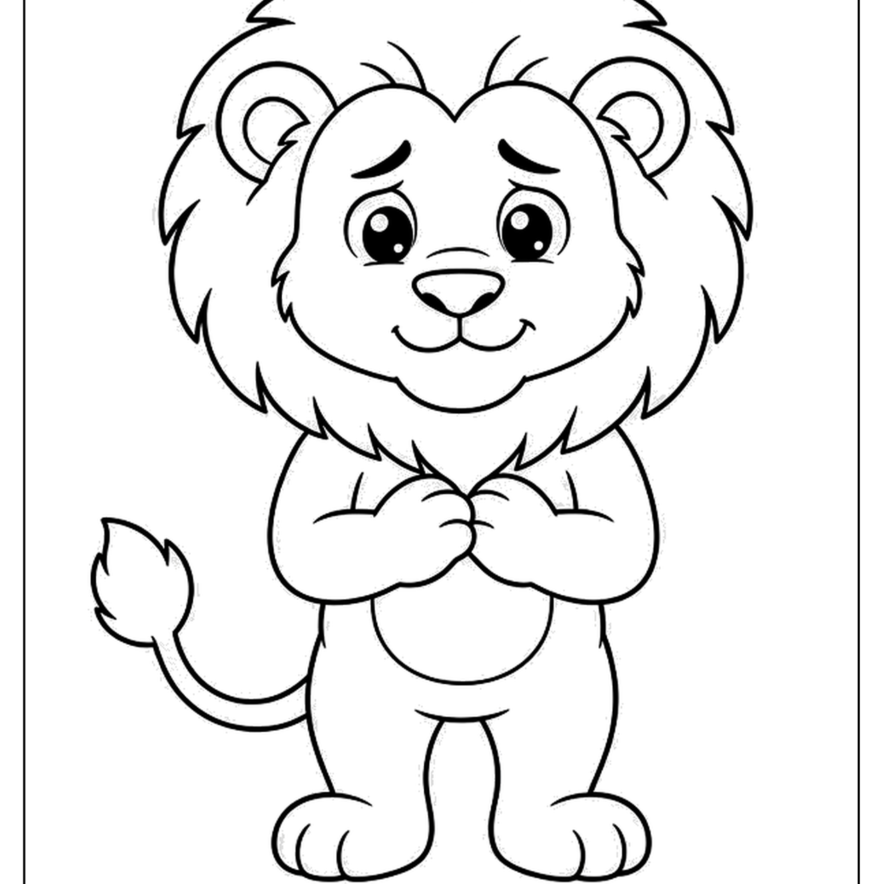 Shy lion holding its paws together