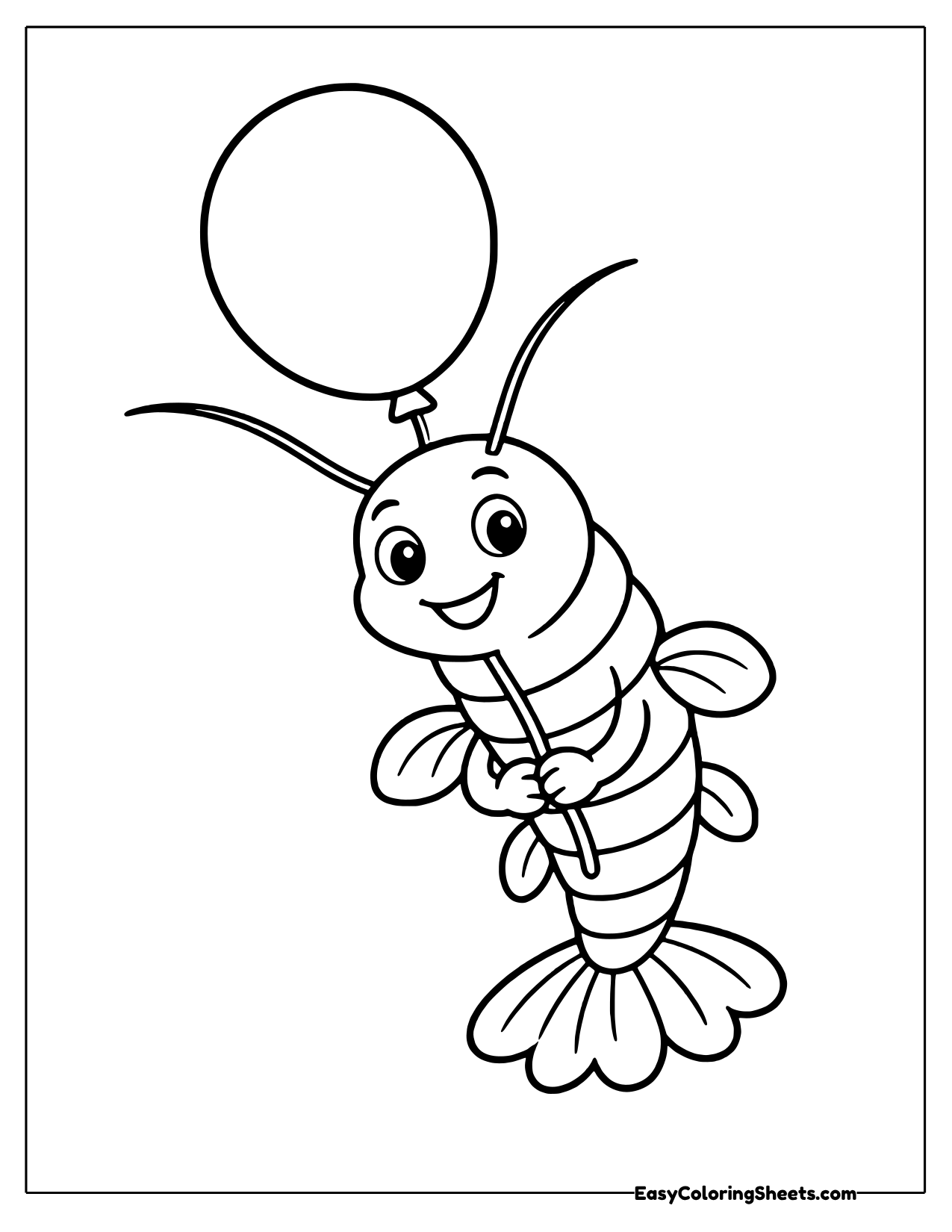 Happy cartoon shrimp holding the string of a round balloon