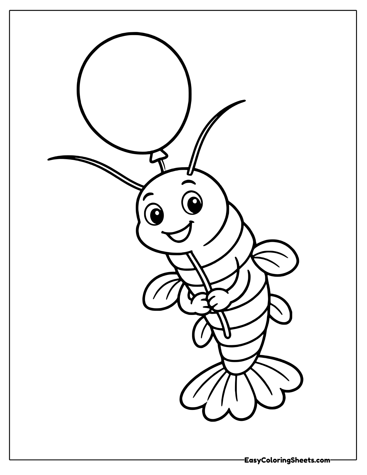 Happy cartoon shrimp holding the string of a round balloon