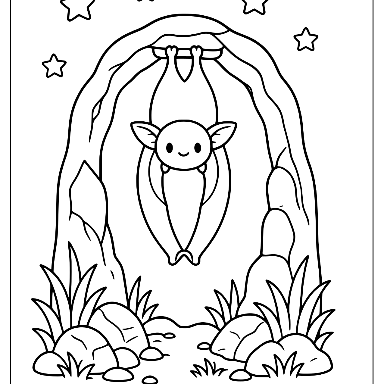 Small bat hanging upside down inside a rocky cave arch with stars above