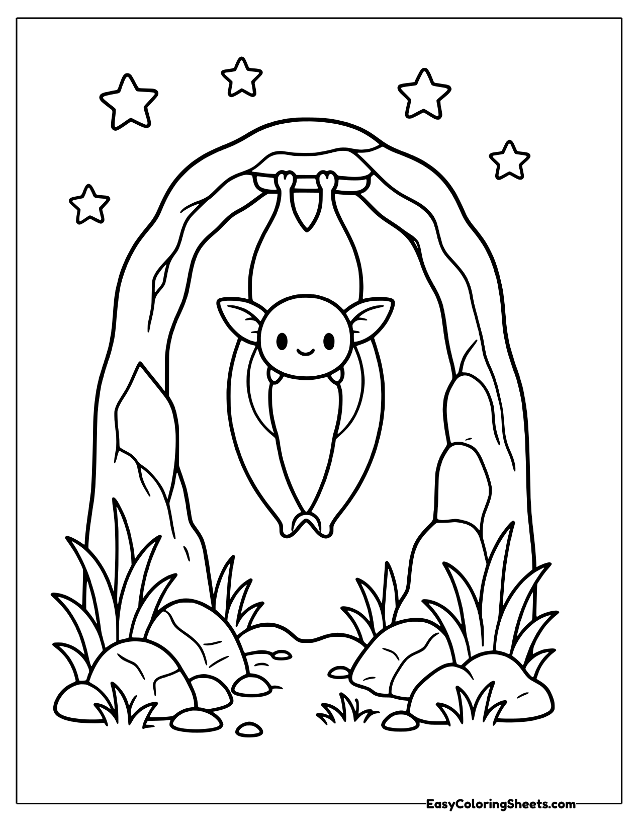Small bat hanging upside down inside a rocky cave arch with stars above