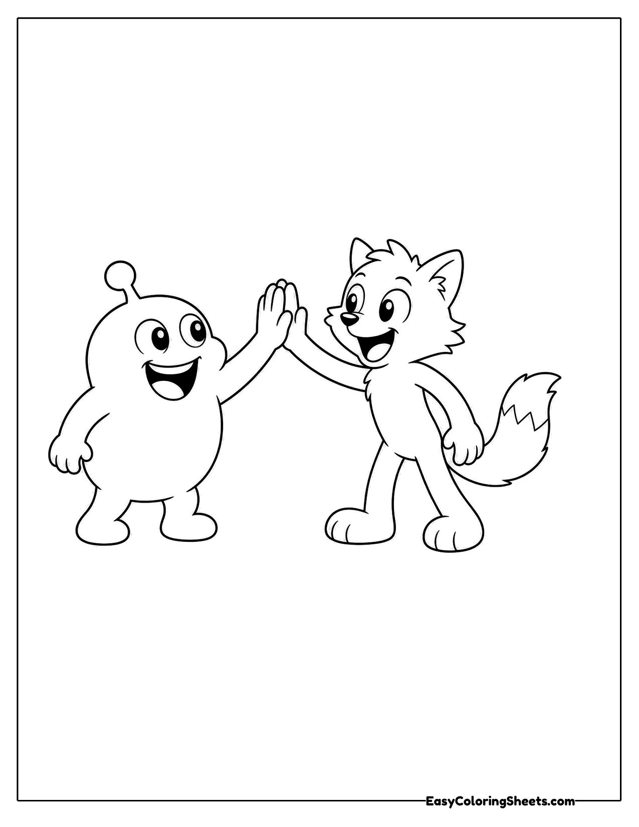 Round monster and fox friends giving a high five