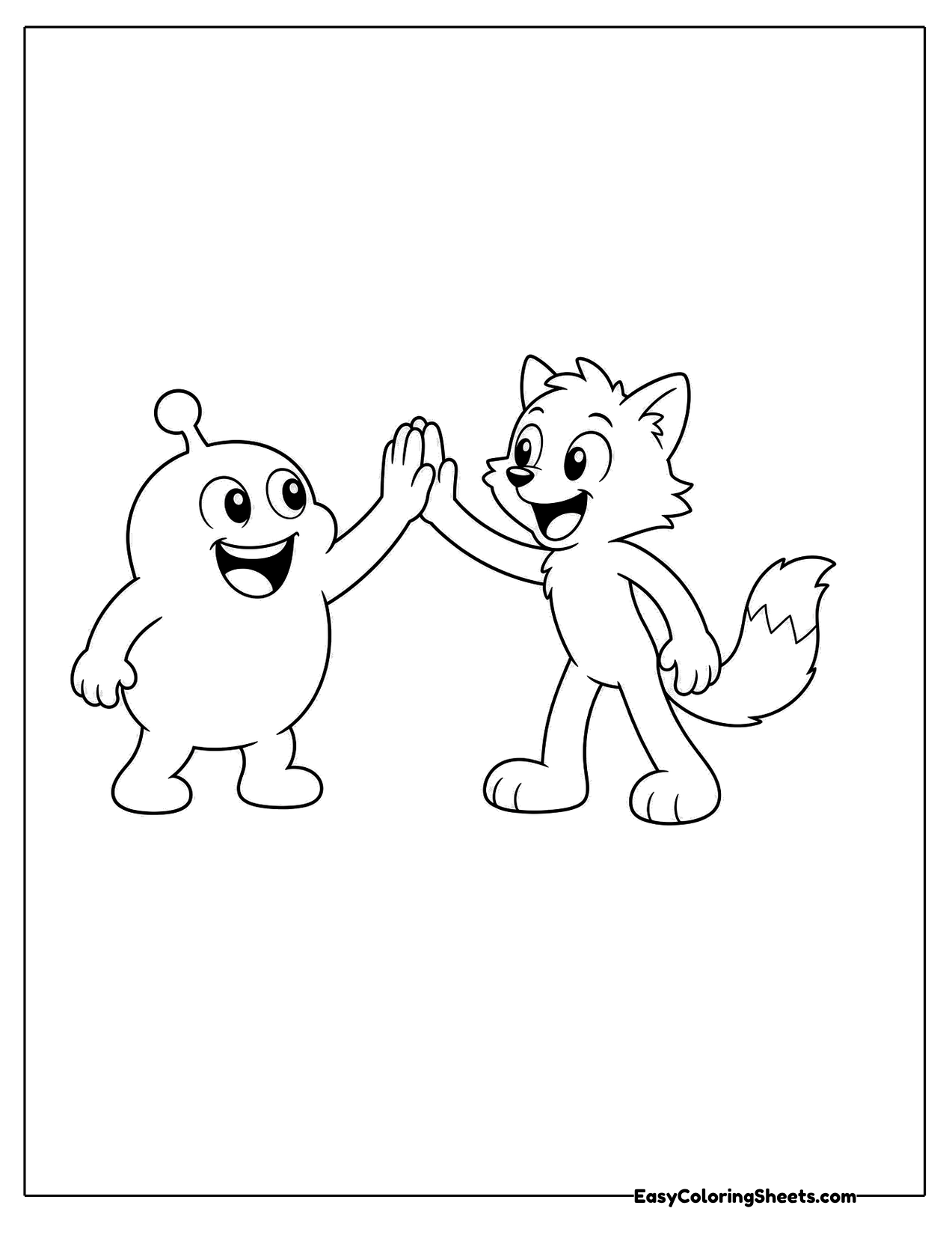 Round monster and fox friends giving a high five