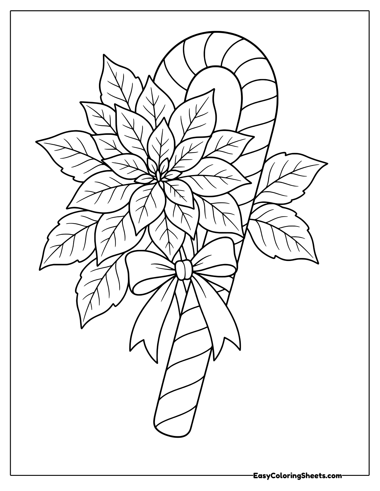 Striped candy cane with a poinsettia and a bow