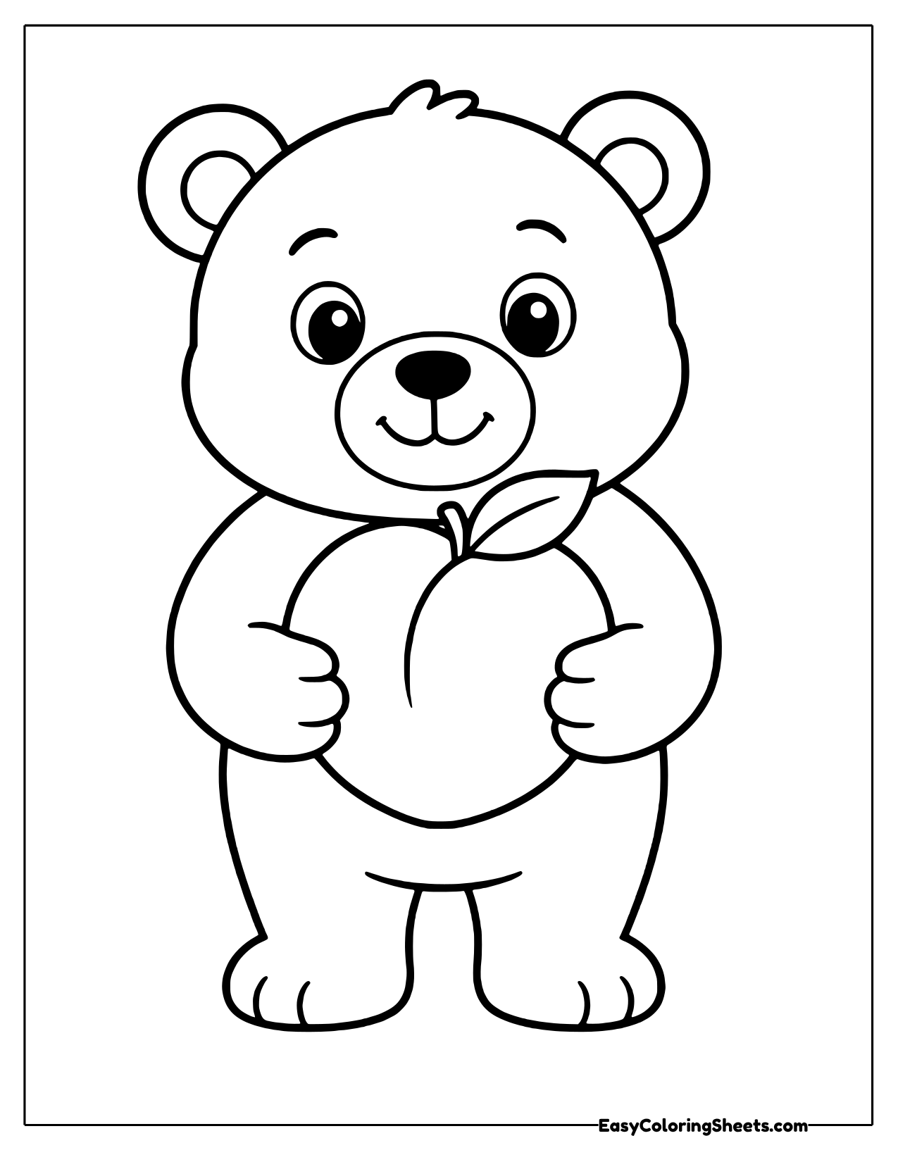 Teddy bear holding a round peach with a leaf