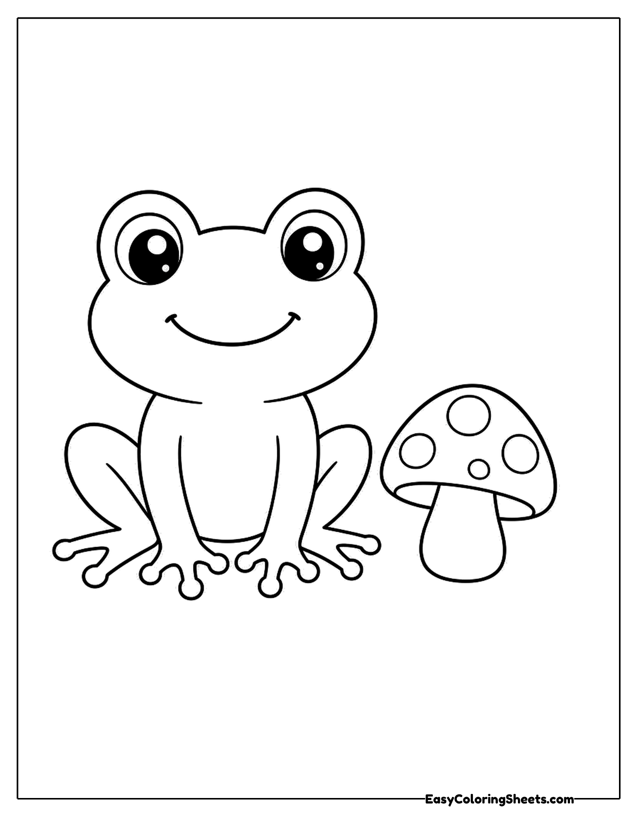 Frog sitting next to a spotted toadstool mushroom