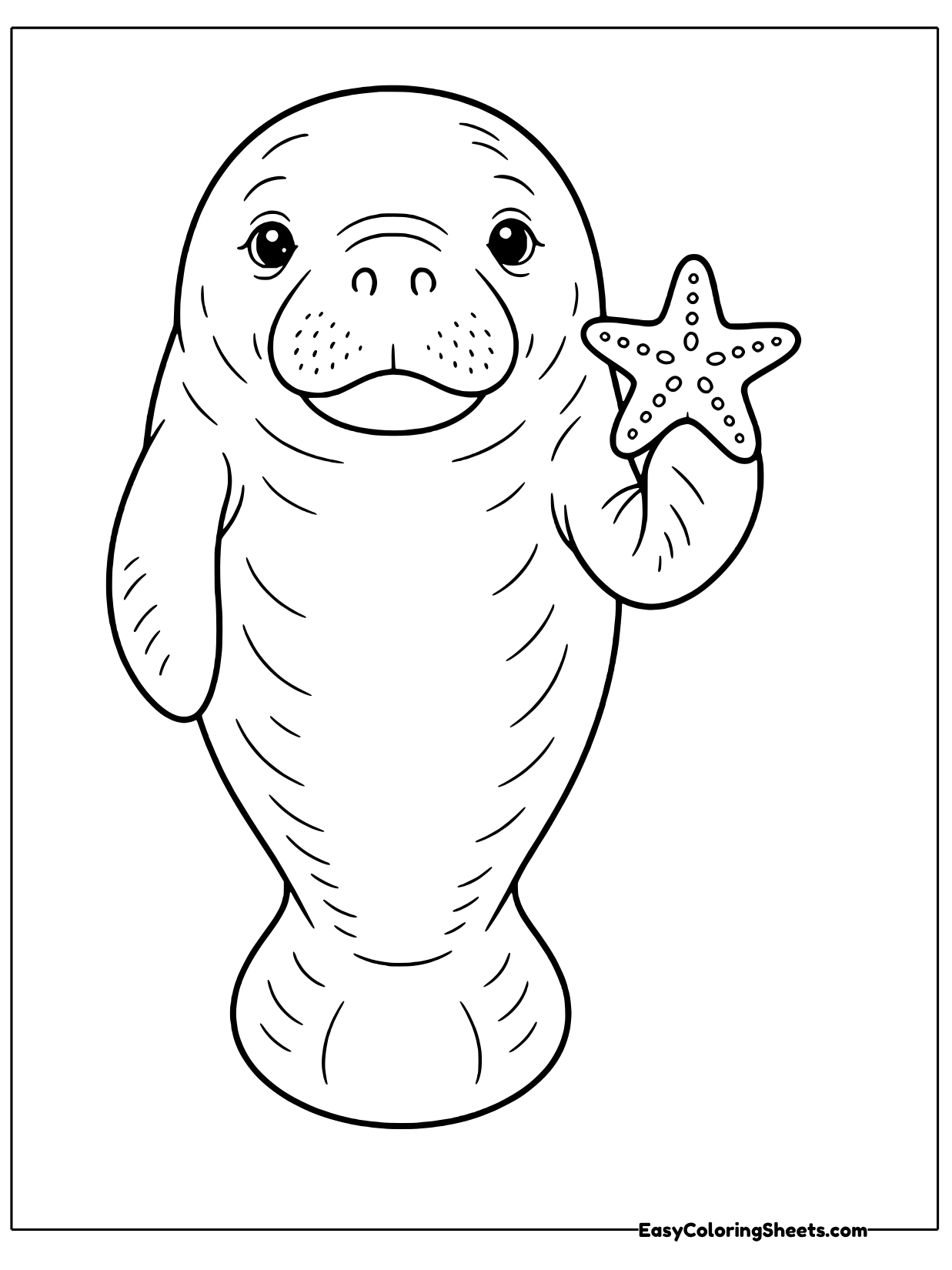 A smiling manatee faces forward and holds up a little starfish in one flipper.