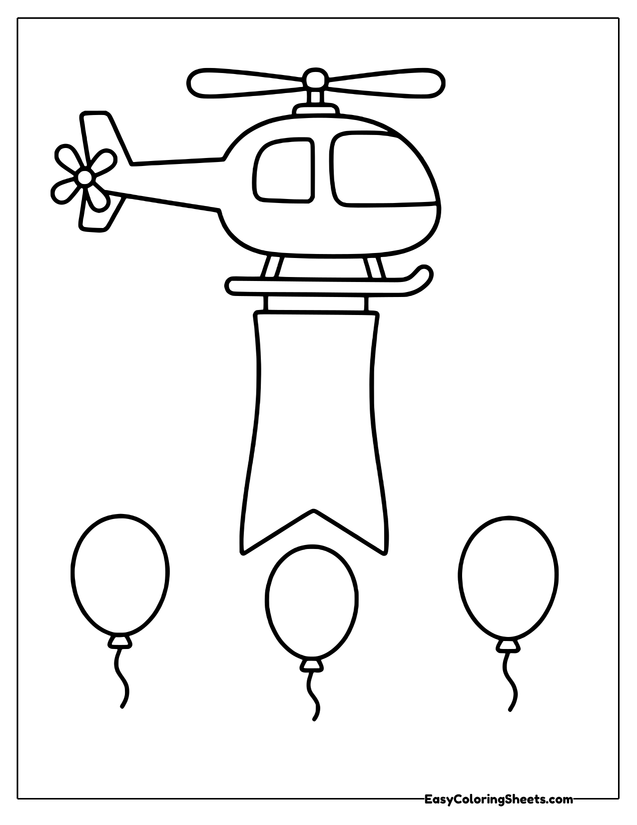 Helicopter towing a long party pennant with three balloons below