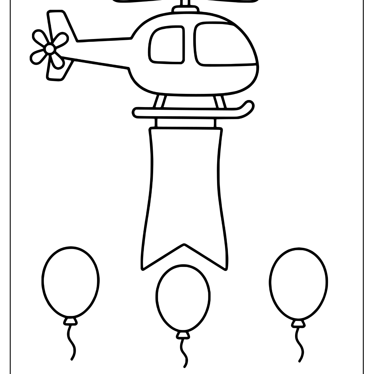 Helicopter towing a long party pennant with three balloons below