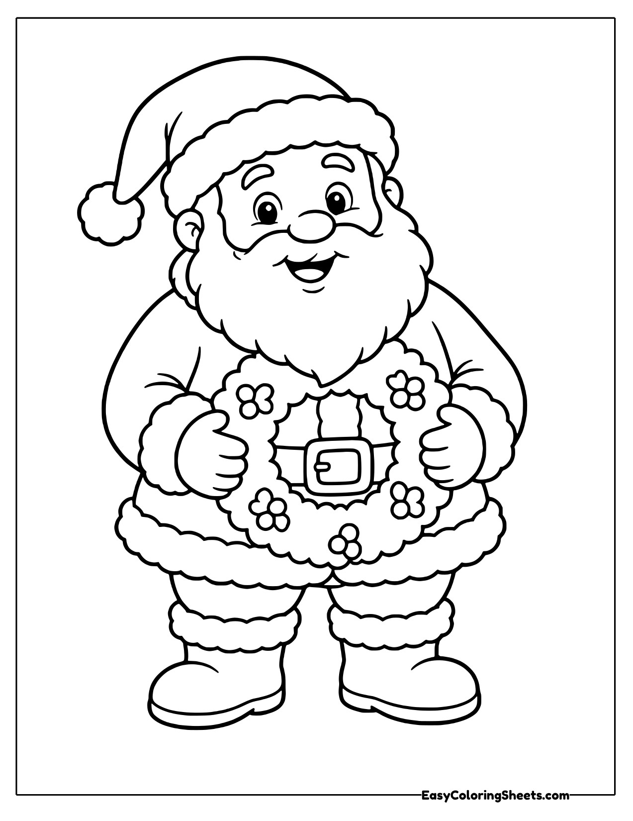 Santa holding a Christmas wreath in front of him