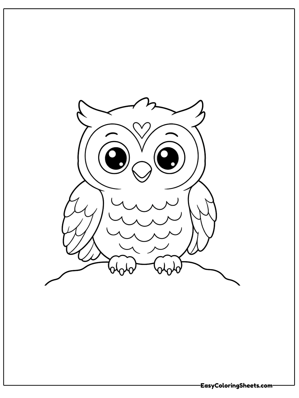 An owl with a heart-shaped face sits on a low rock with folded wings.