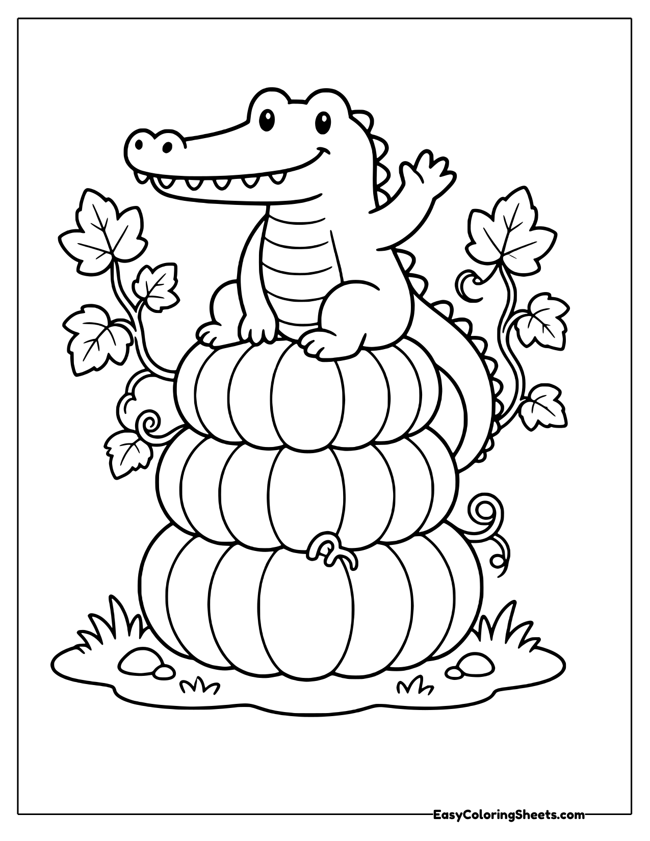 Crocodile sitting on stacked pumpkins