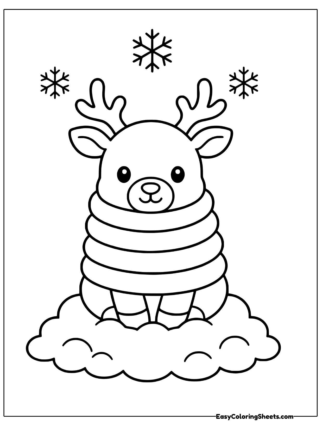 A round reindeer sits bundled in a big striped scarf wrapped around its body, with snowflakes floating above its antlers.
