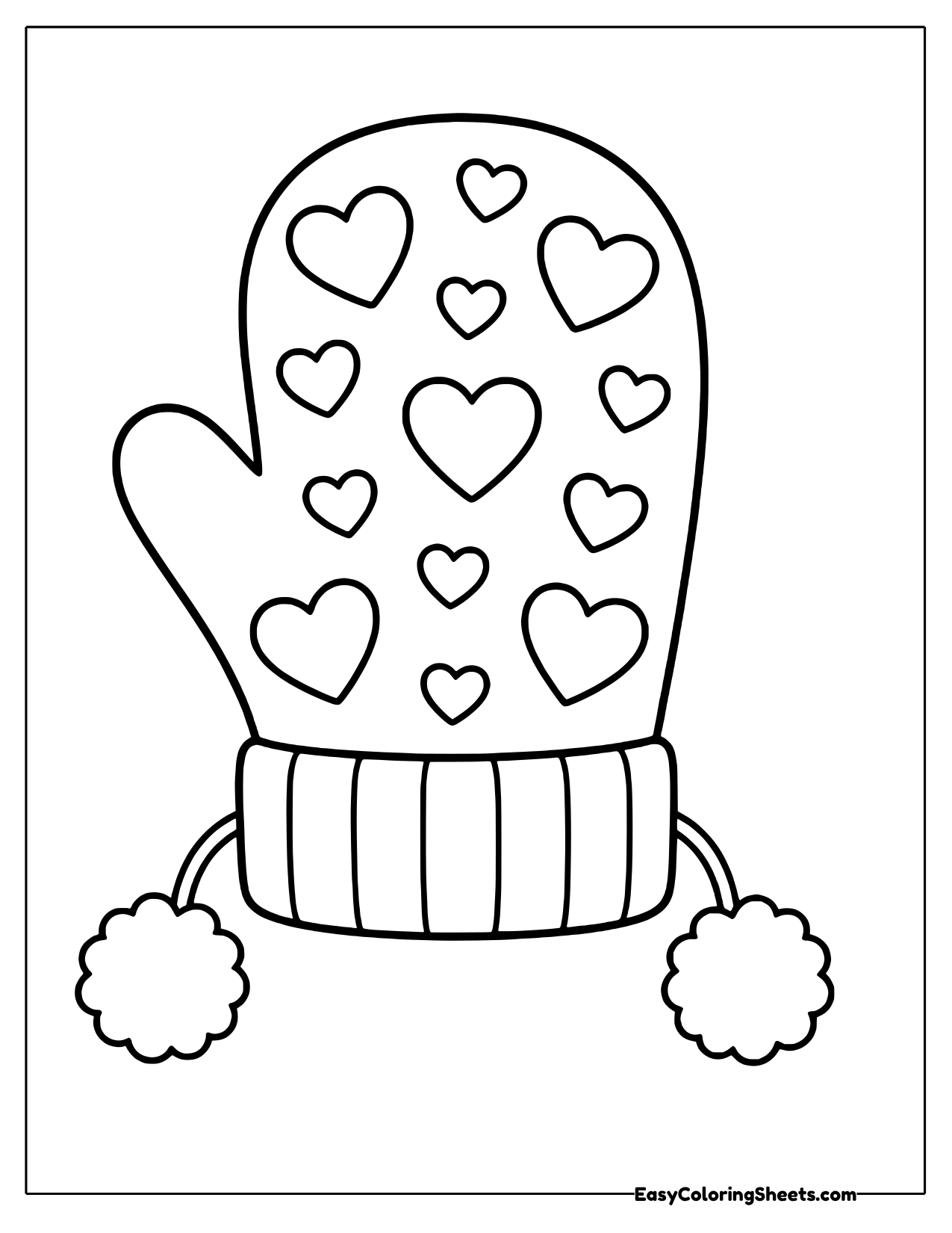 Mitten covered in hearts with pompom ties
