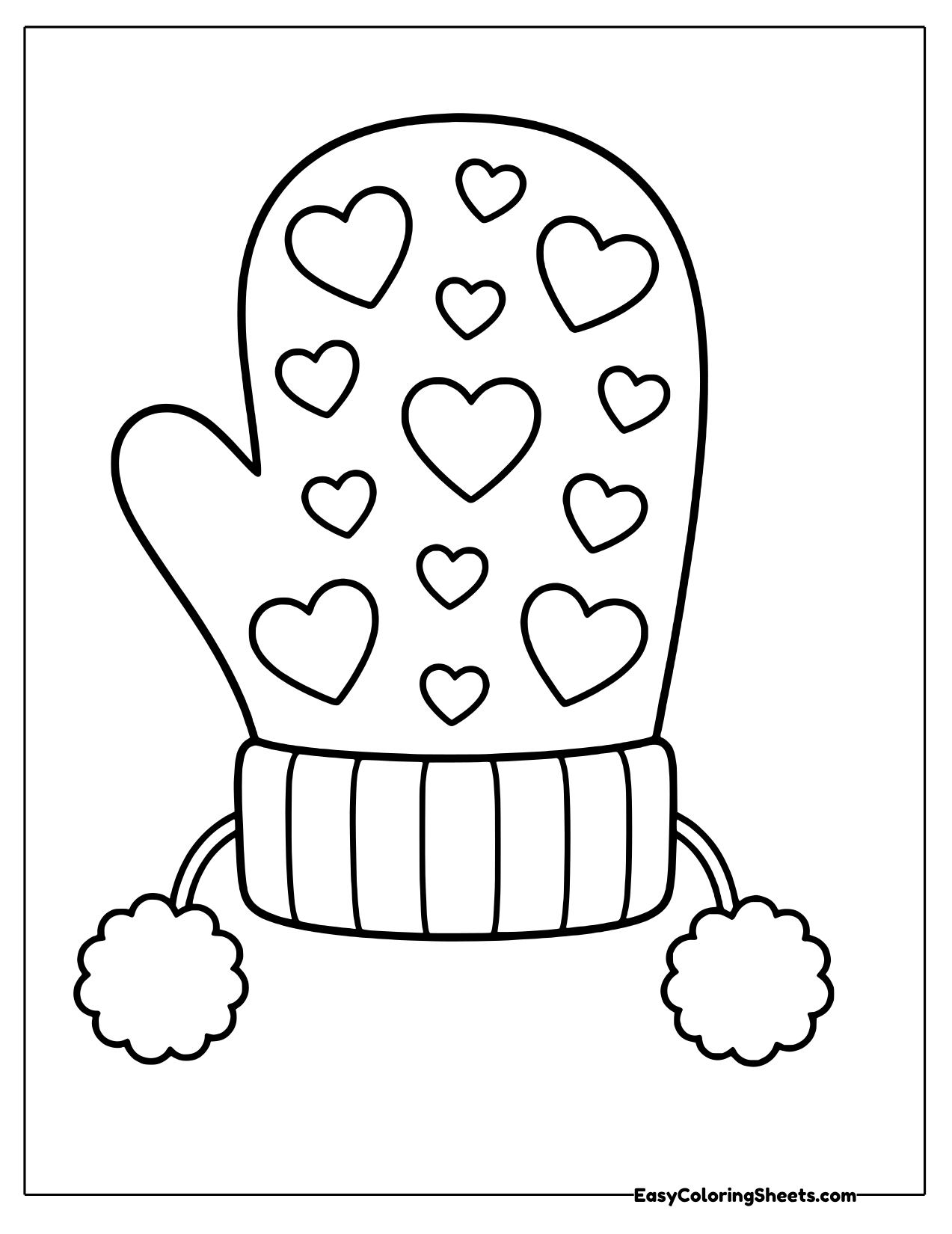Mitten covered in hearts with pompom ties