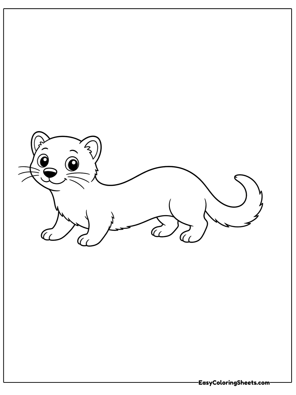 A playful ferret pads across the paper with a stretched out body, tiny paws and a tail that curls upward at the tip.