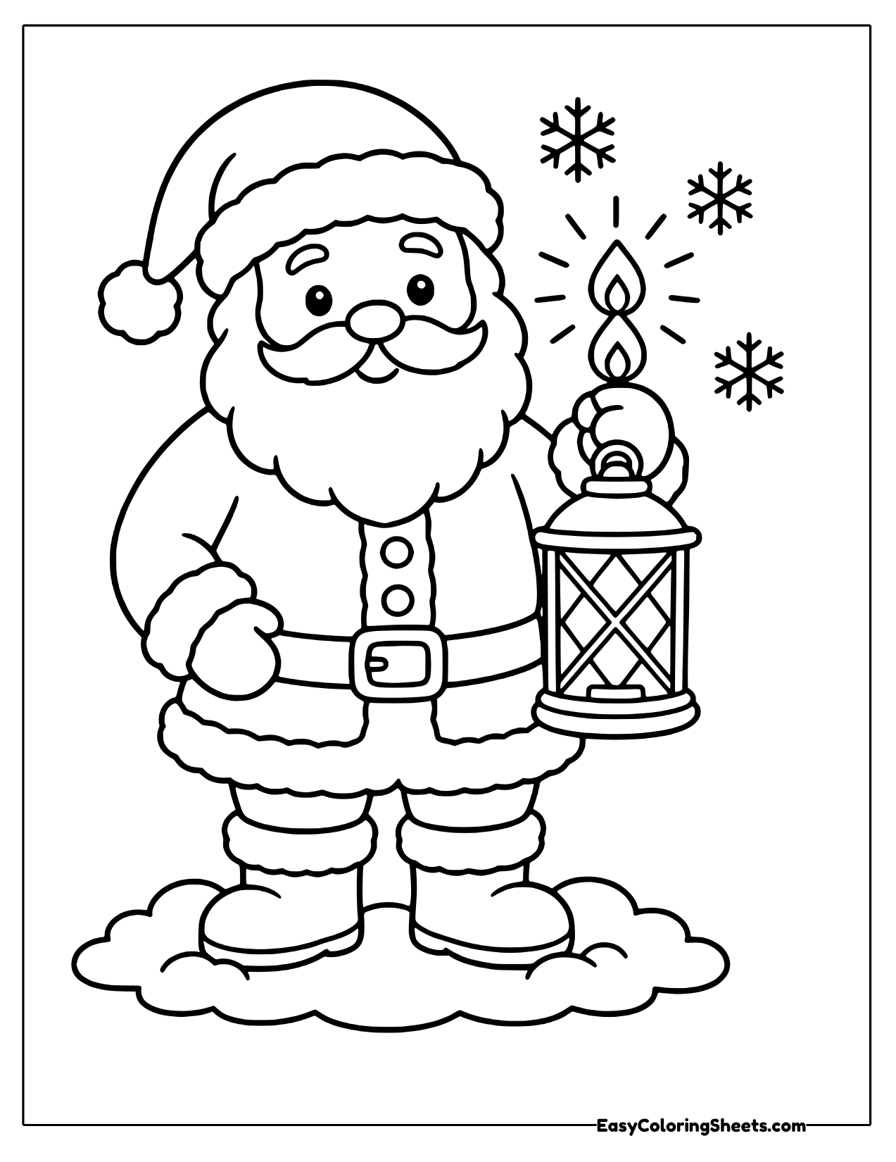 Santa holding a glowing lantern beside snowflakes