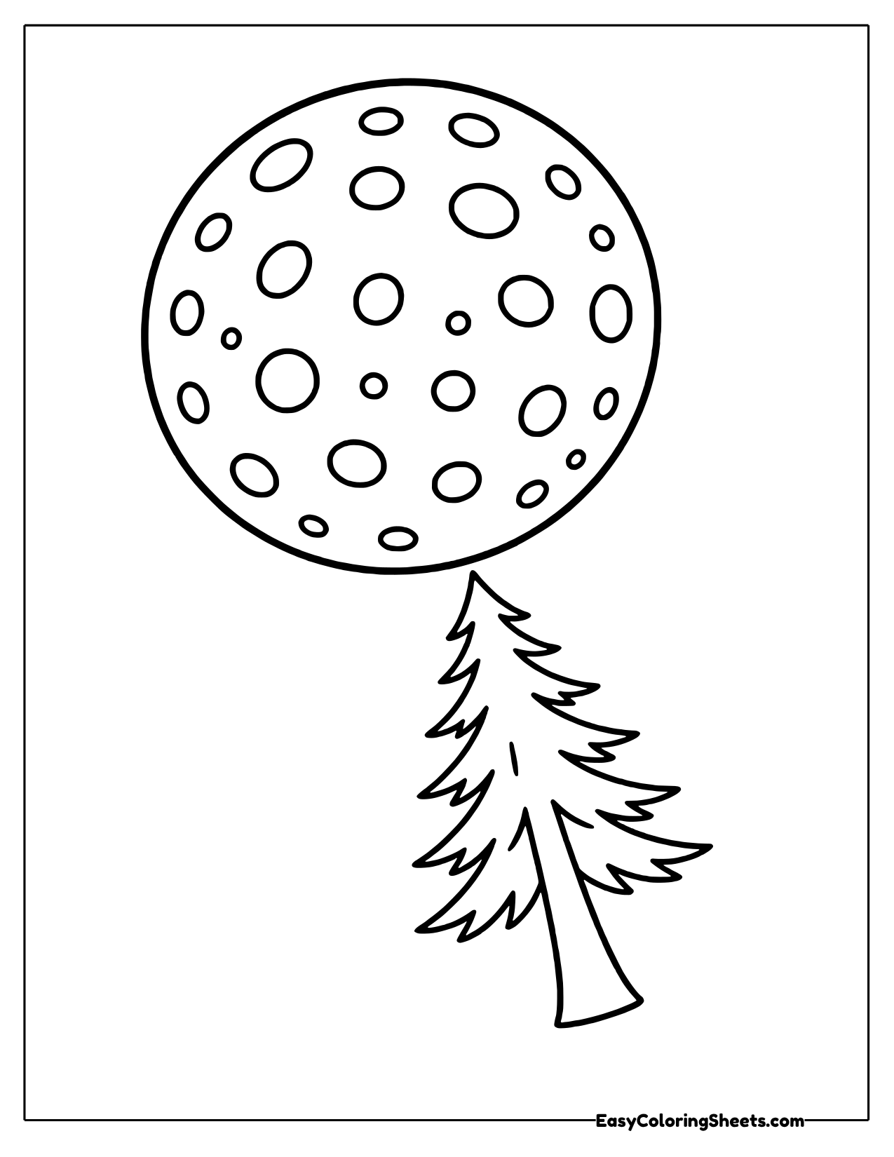 A large spotted full moon rises above a small pine tree at the bottom of the page.