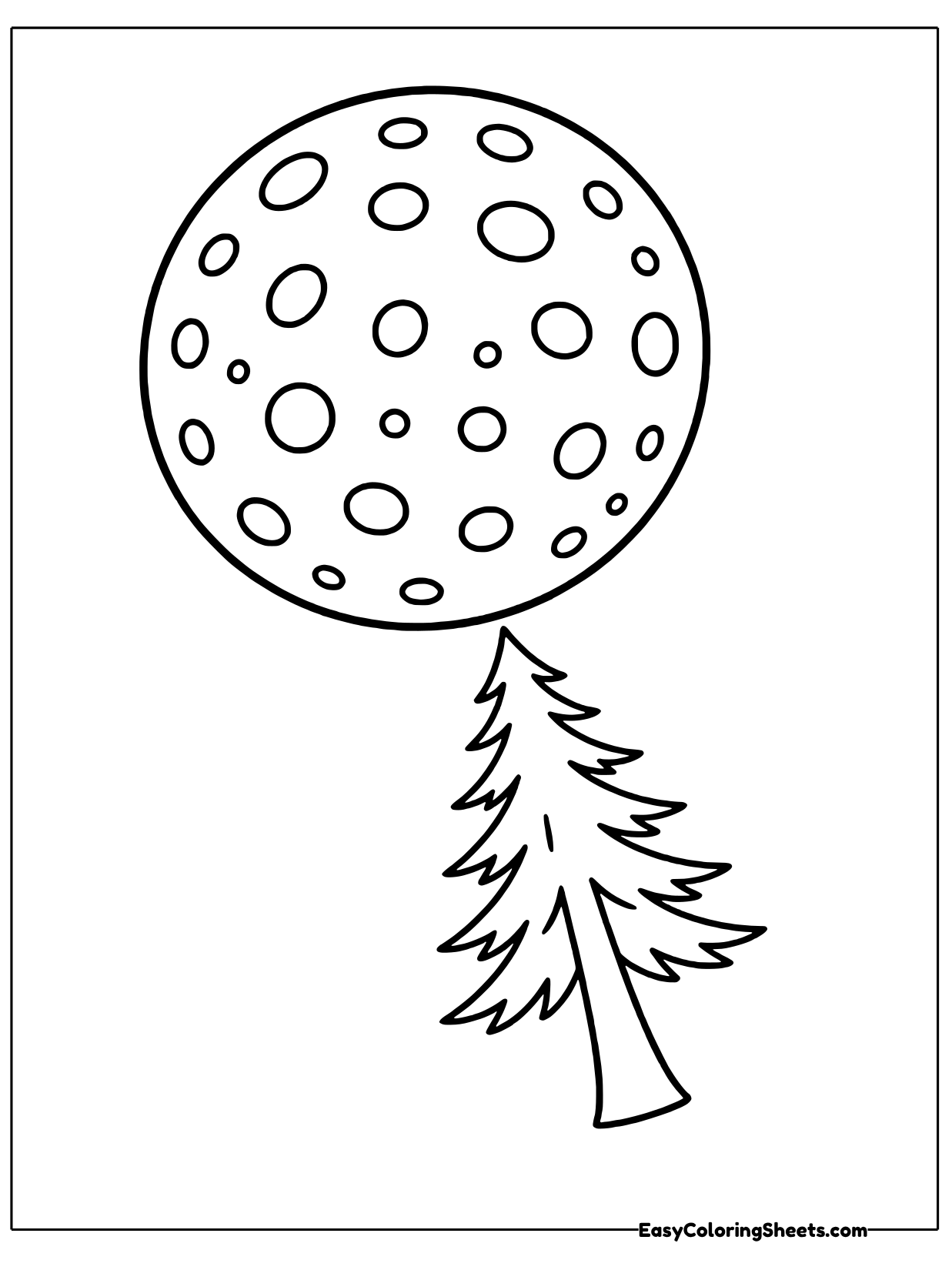 A large spotted full moon rises above a small pine tree at the bottom of the page.