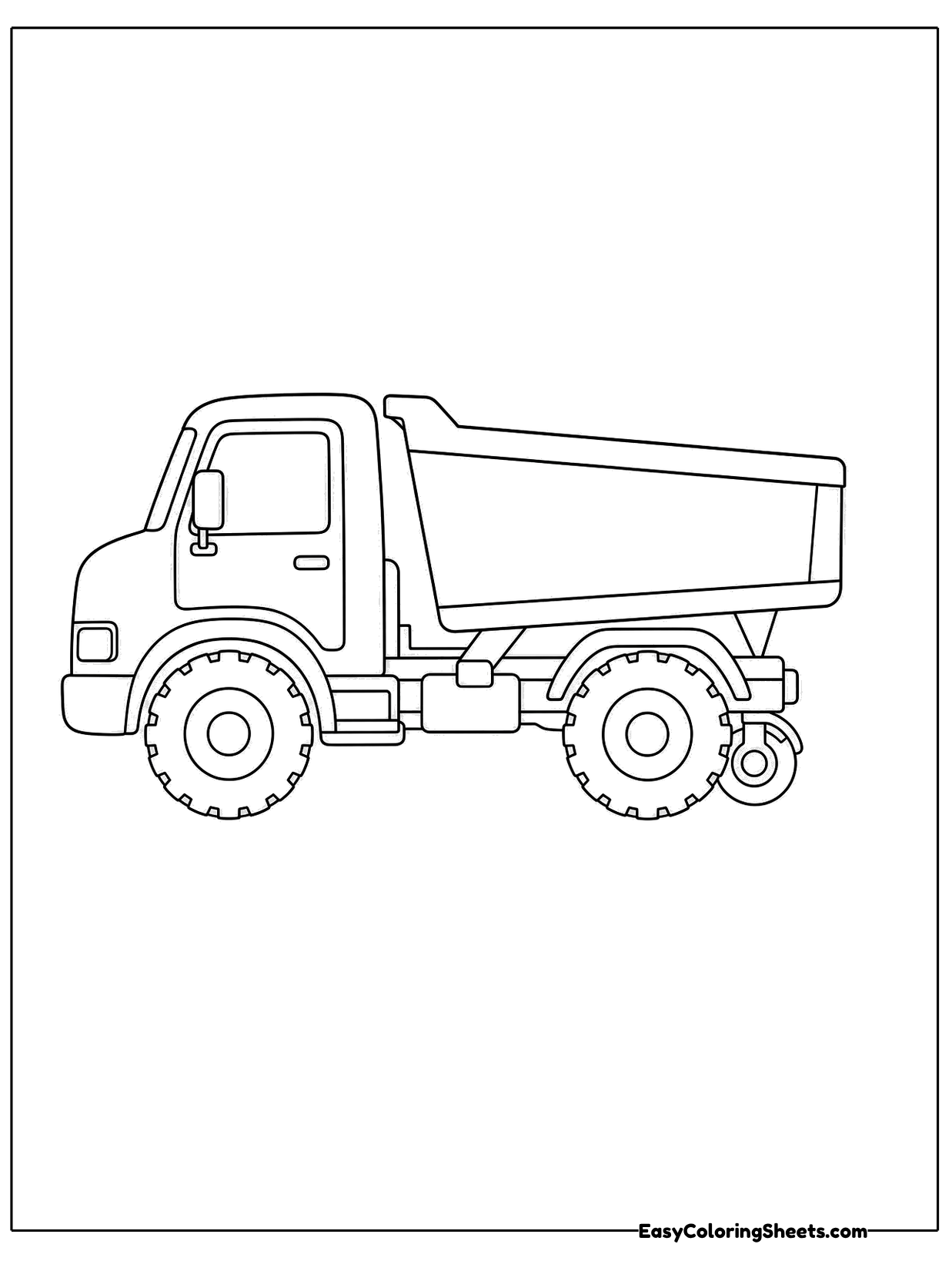 A simple dump truck is drawn from the side with a big open bed and chunky wheels.