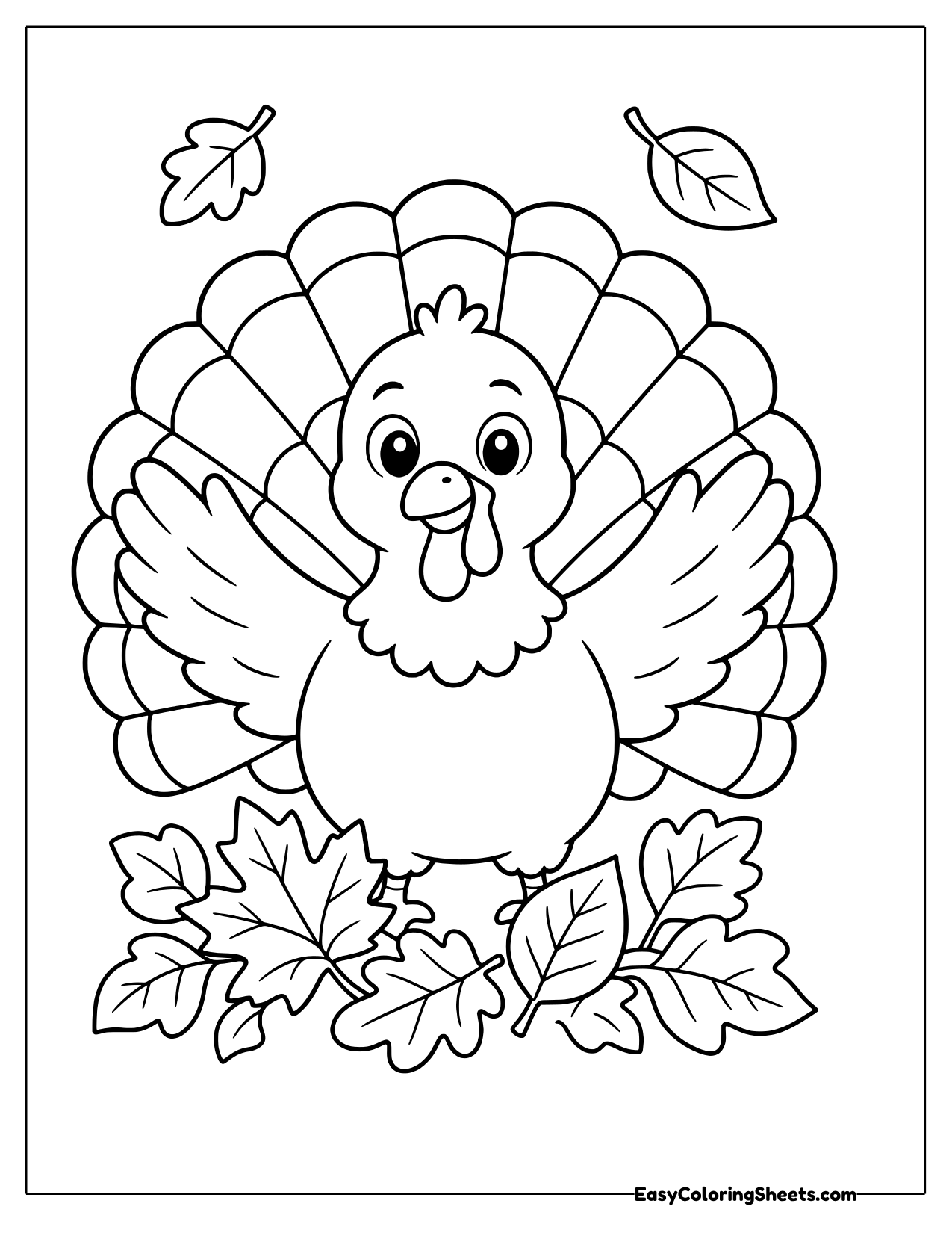 Turkey with wings spread wide standing in a pile of autumn leaves