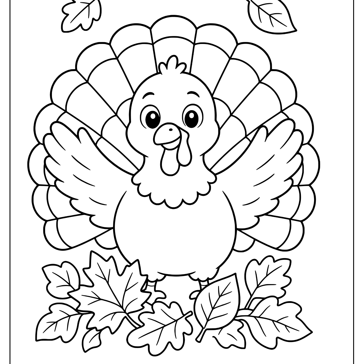 Turkey with wings spread wide standing in a pile of autumn leaves