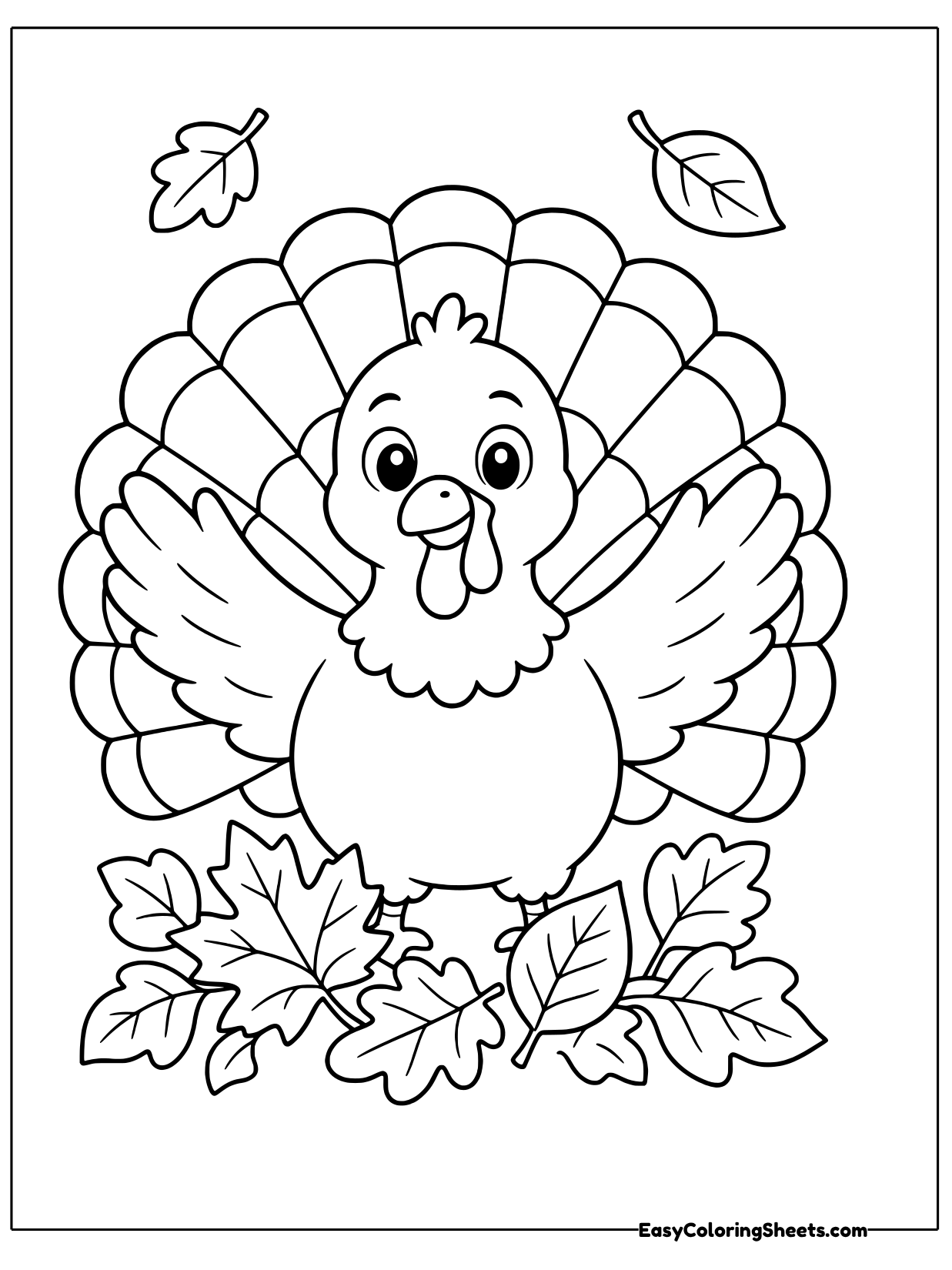 A cheerful turkey throws its wings wide open to say hello, standing in a pile of autumn leaves with its tail feathers spread.