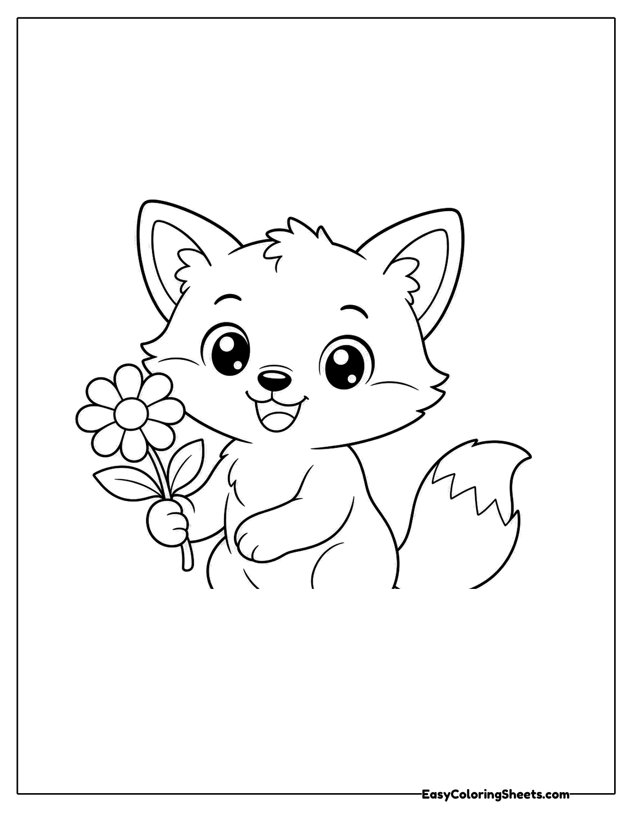 Fox holding a daisy style flower on a long stem