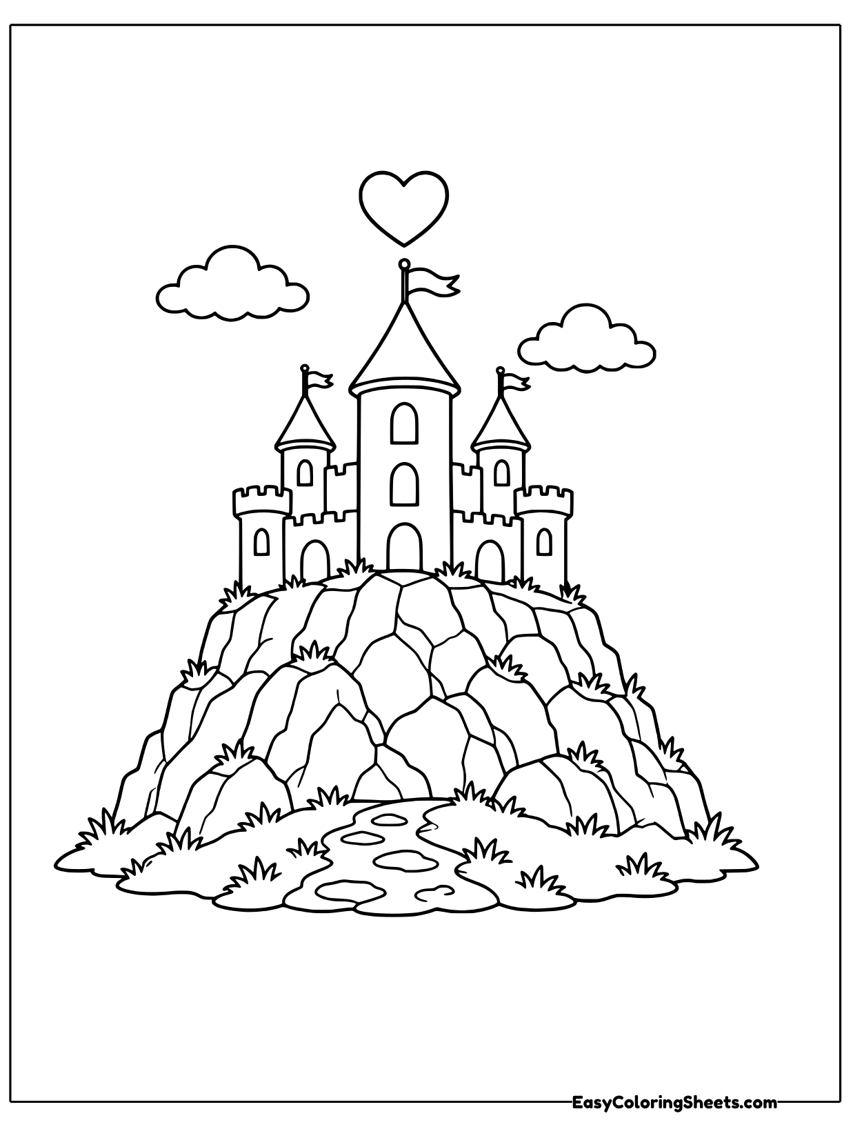 A castle with several towers perches on a tall rocky hill, with a heart flag on the highest roof.