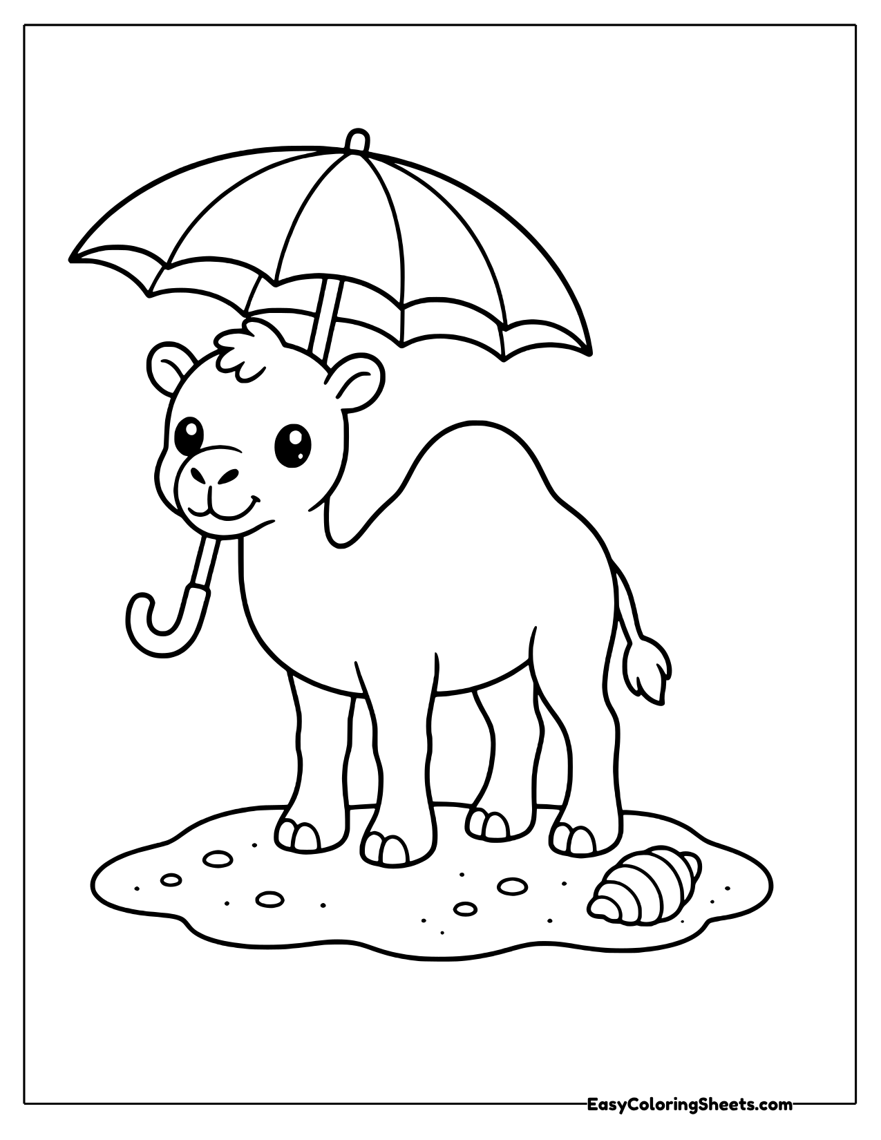 A camel stands on a grassy patch holding a striped umbrella over its head.