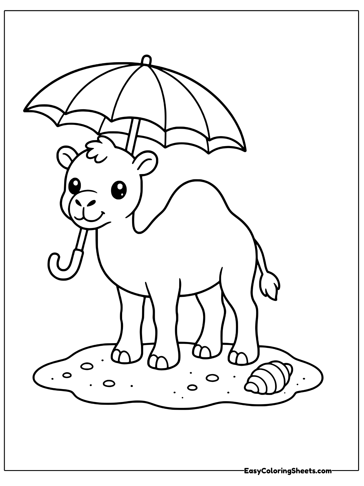 A camel stands on a grassy patch holding a striped umbrella over its head.