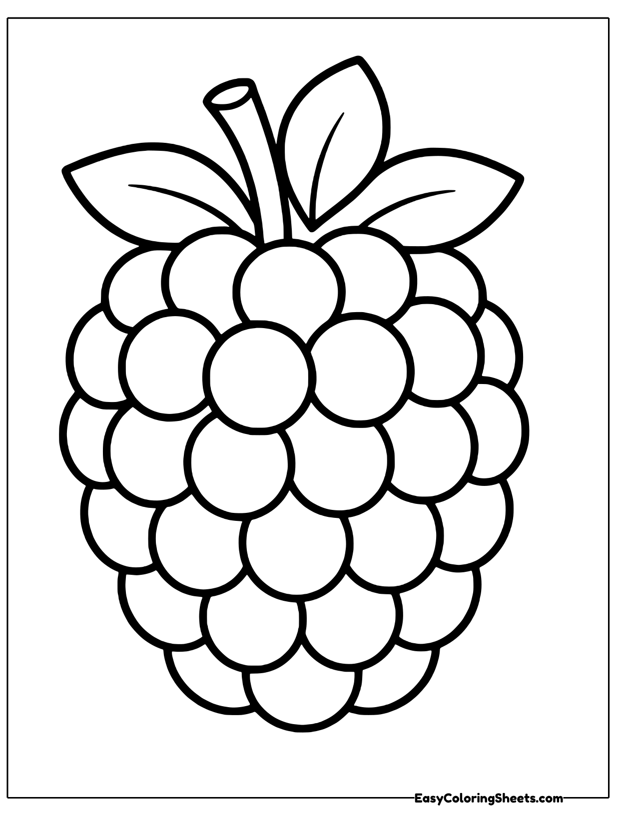 One giant raspberry fills the page, built from rows of round little bumps with a leafy green cap and short stem on top.