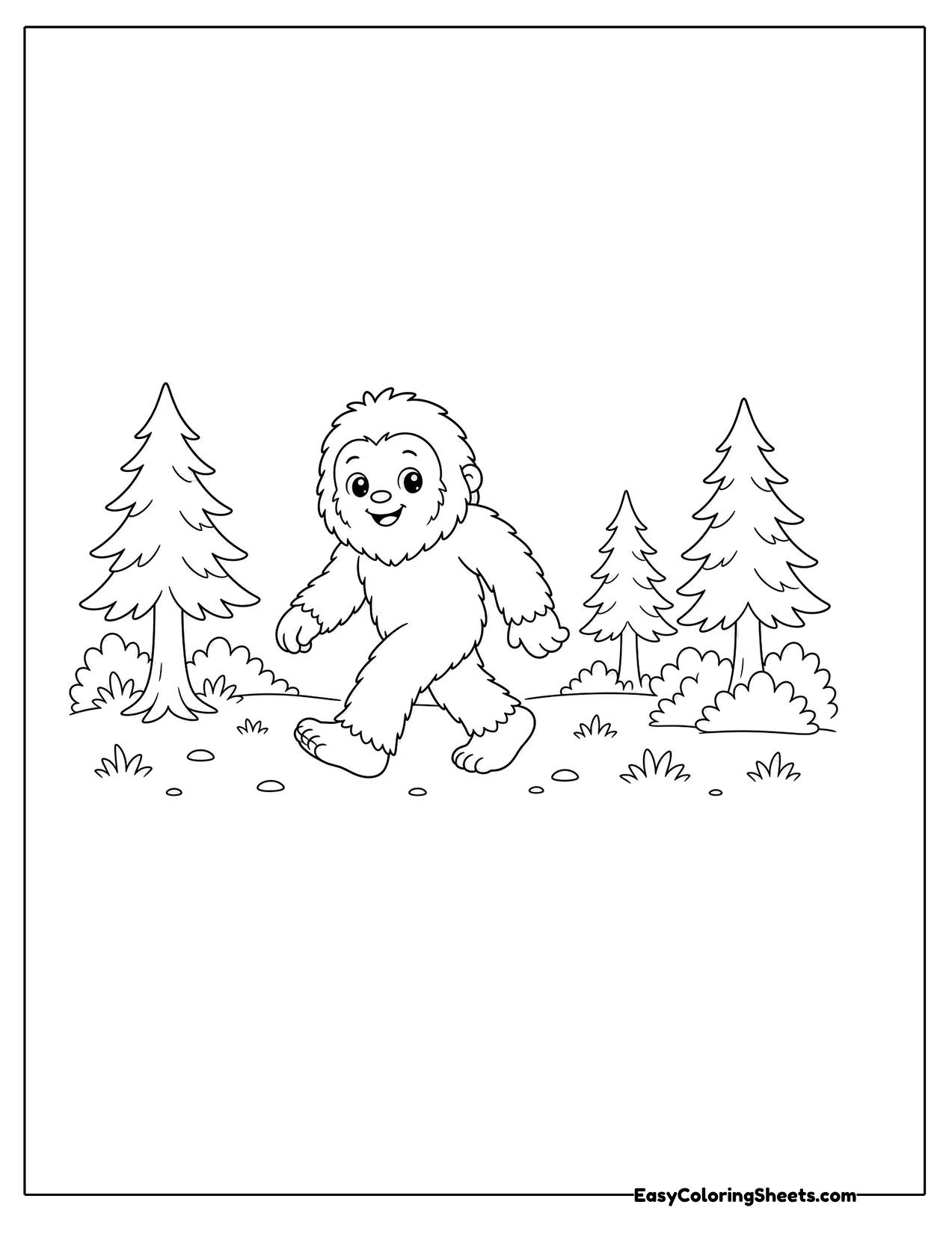 Bigfoot walking through a pine forest